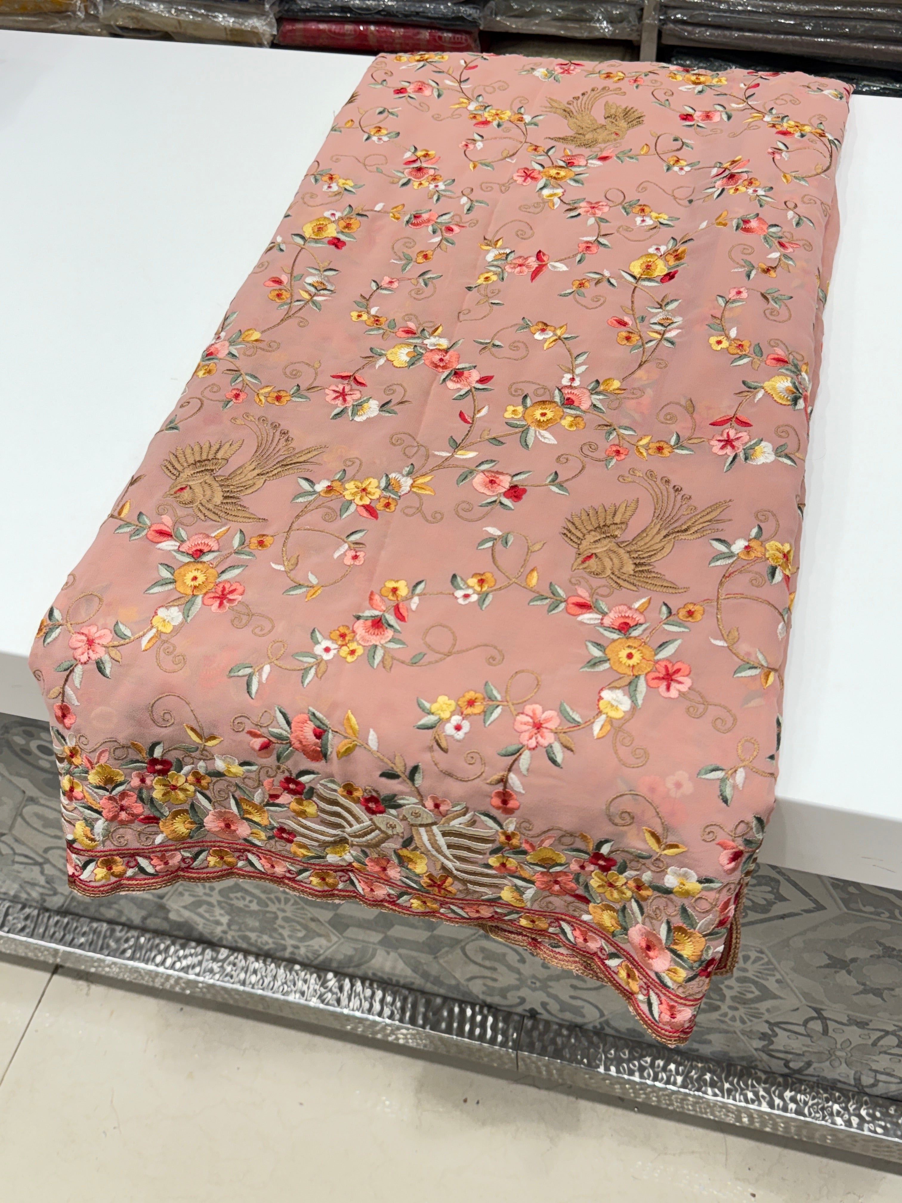 Pink Georgette Multi Colour Jaal Floral Parsi Gara Saree