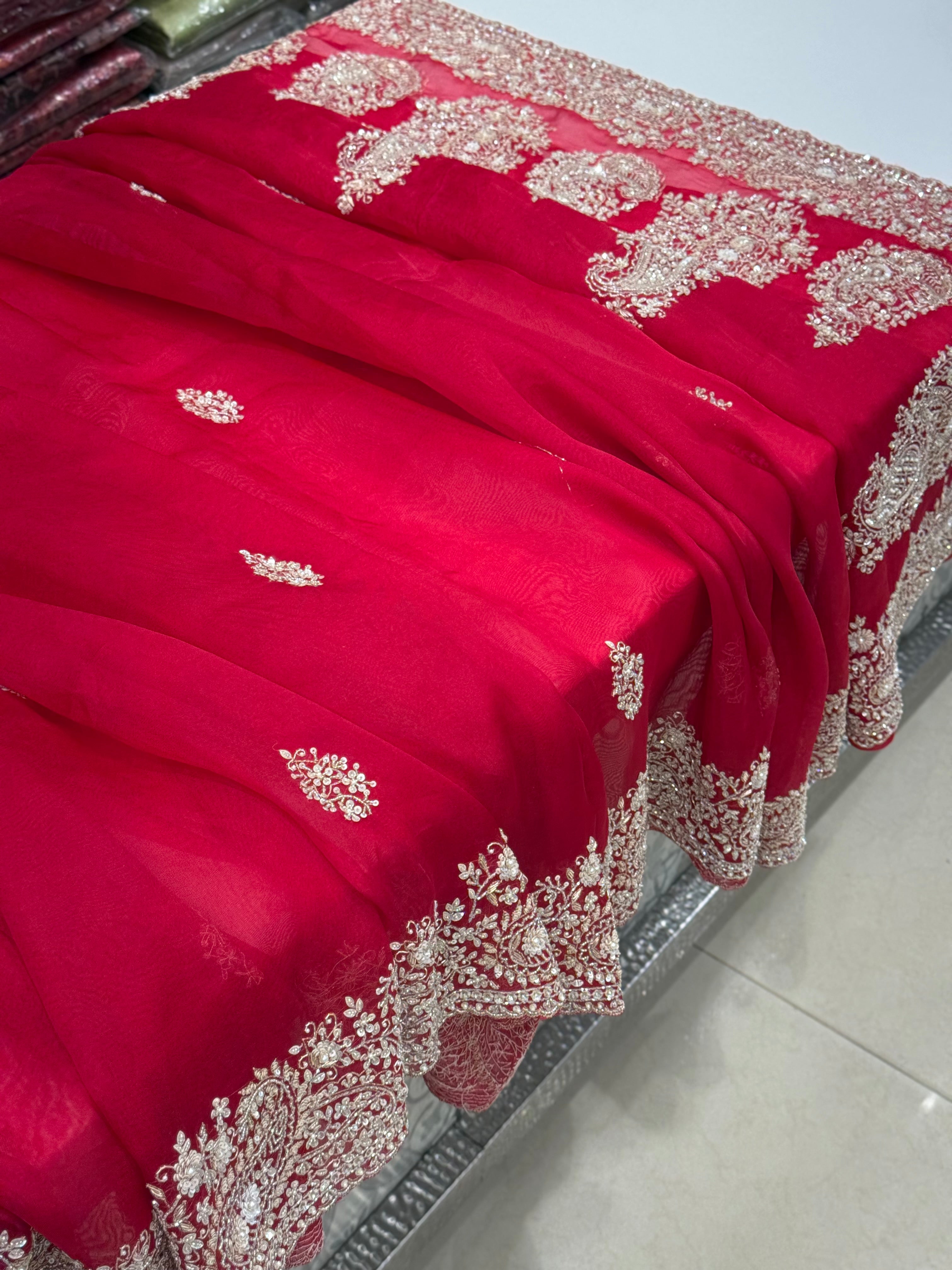 Red Organza Hand Embroidery Saree