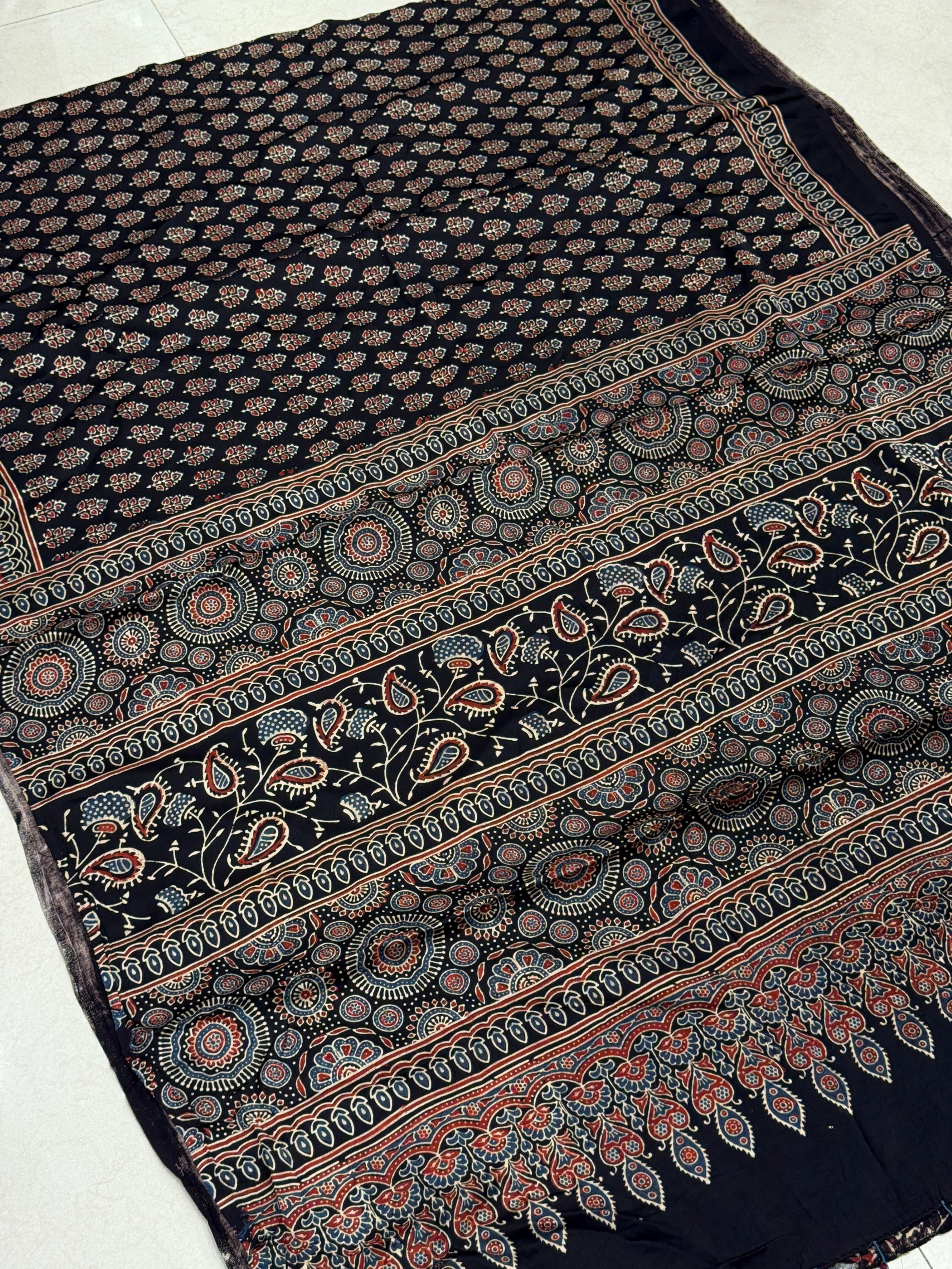Black Keri Buttis Ajrakh Block Print Hand Pure Gajji Silk Saree