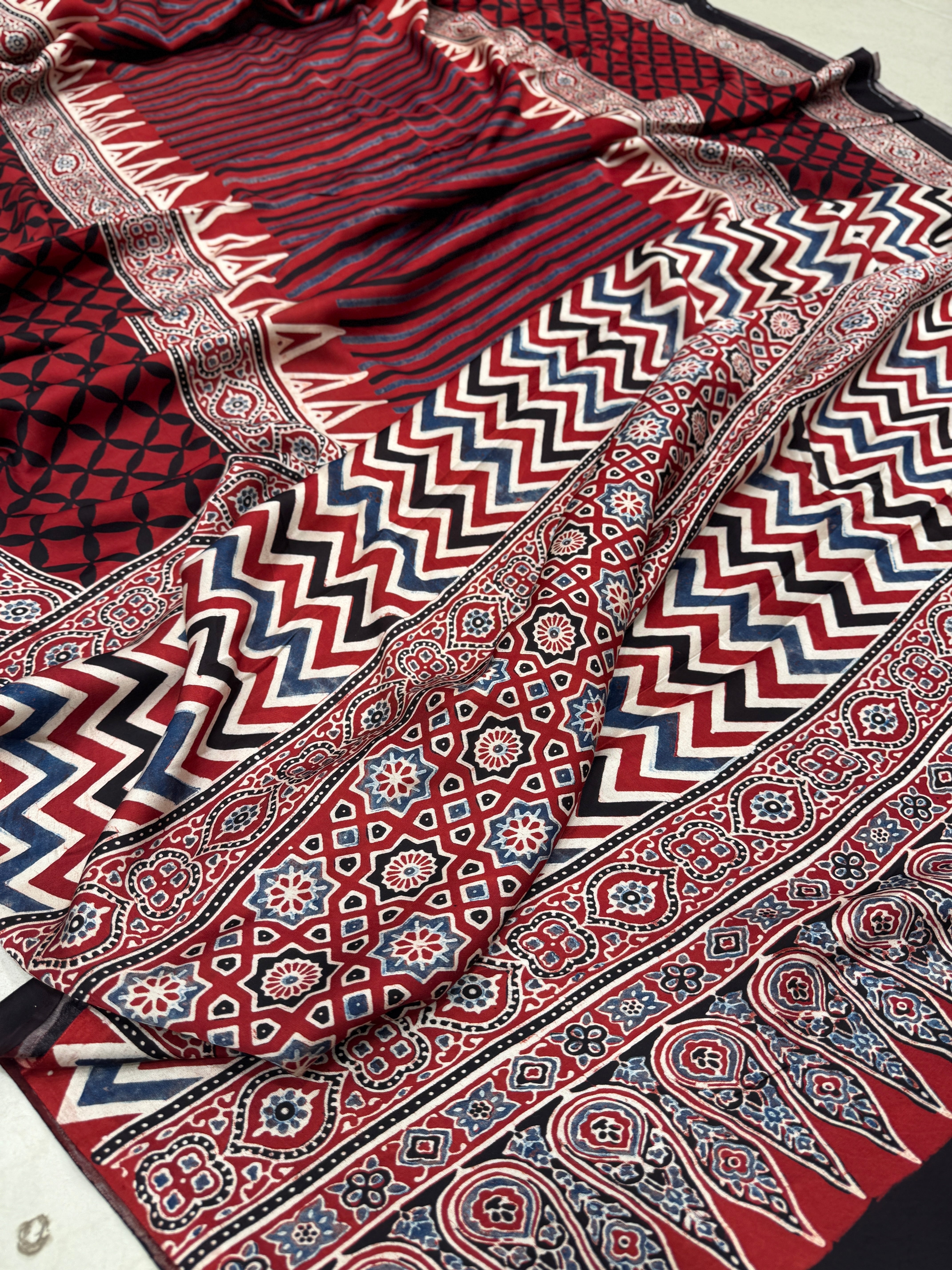 Red Line Contemporary Modal Gajji Silk Ajrakh Saree