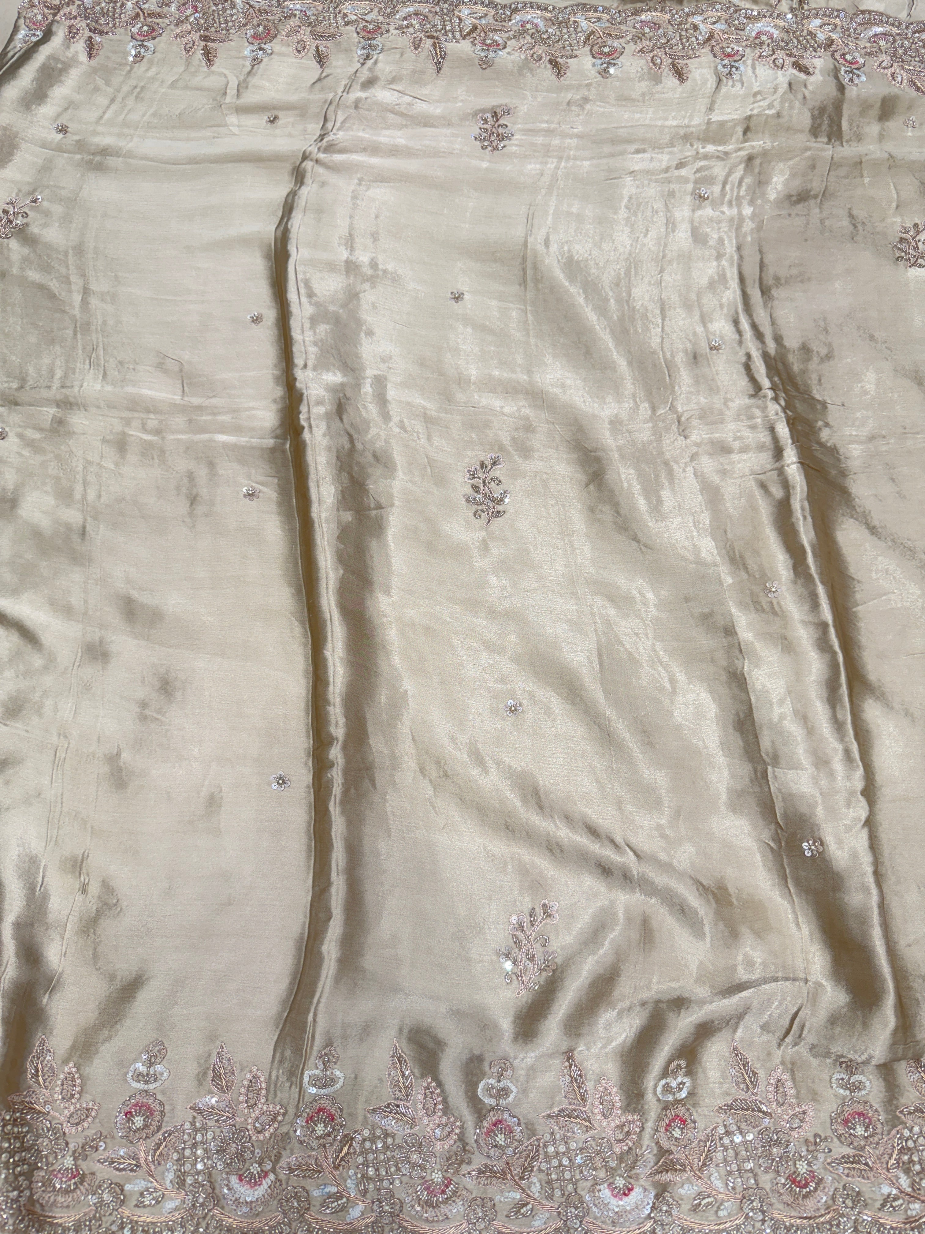 Champagne Satin Hand Embroidery Zardosi Saree