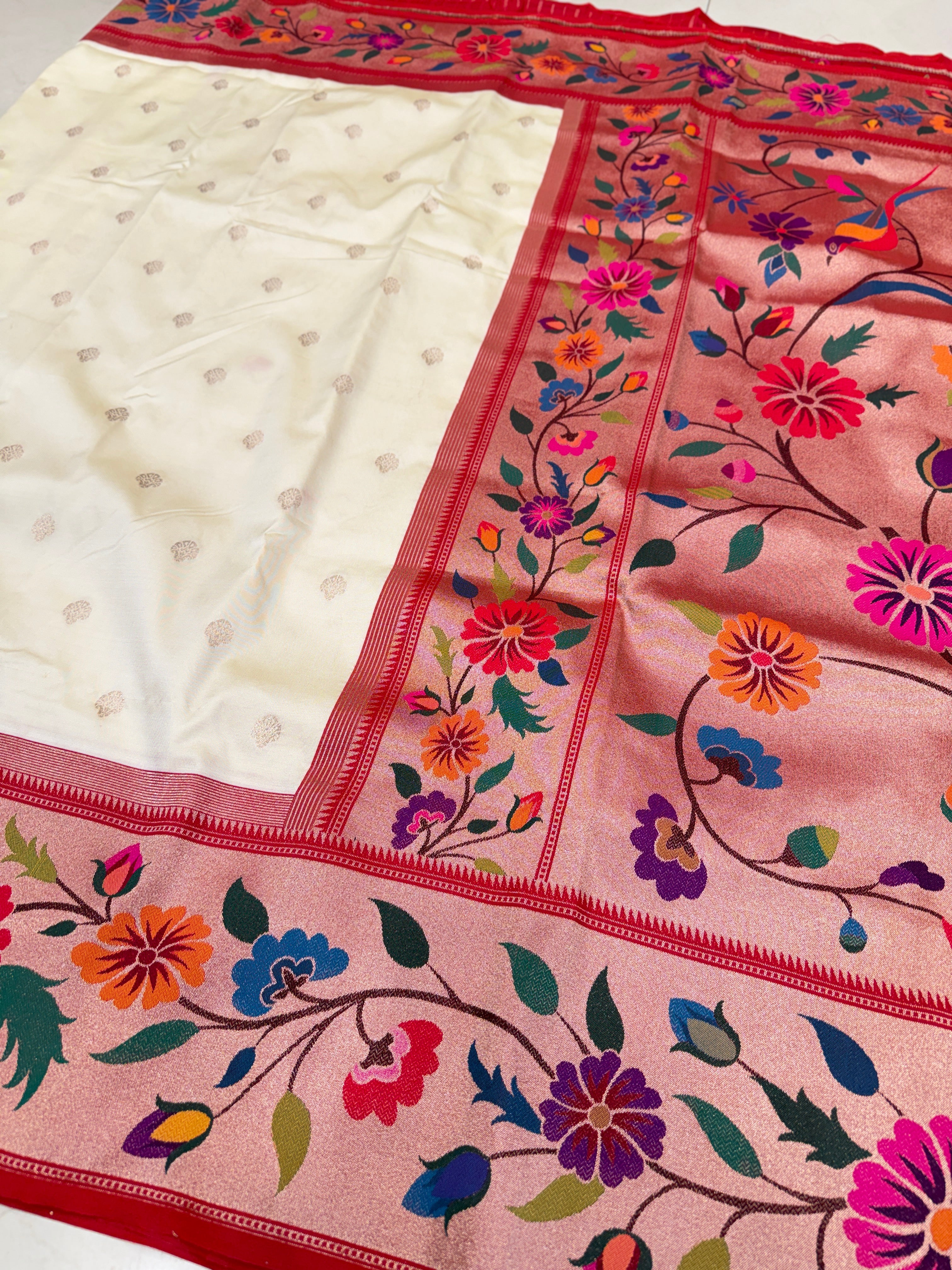 Moti White Floral Border Paithani Silk Saree