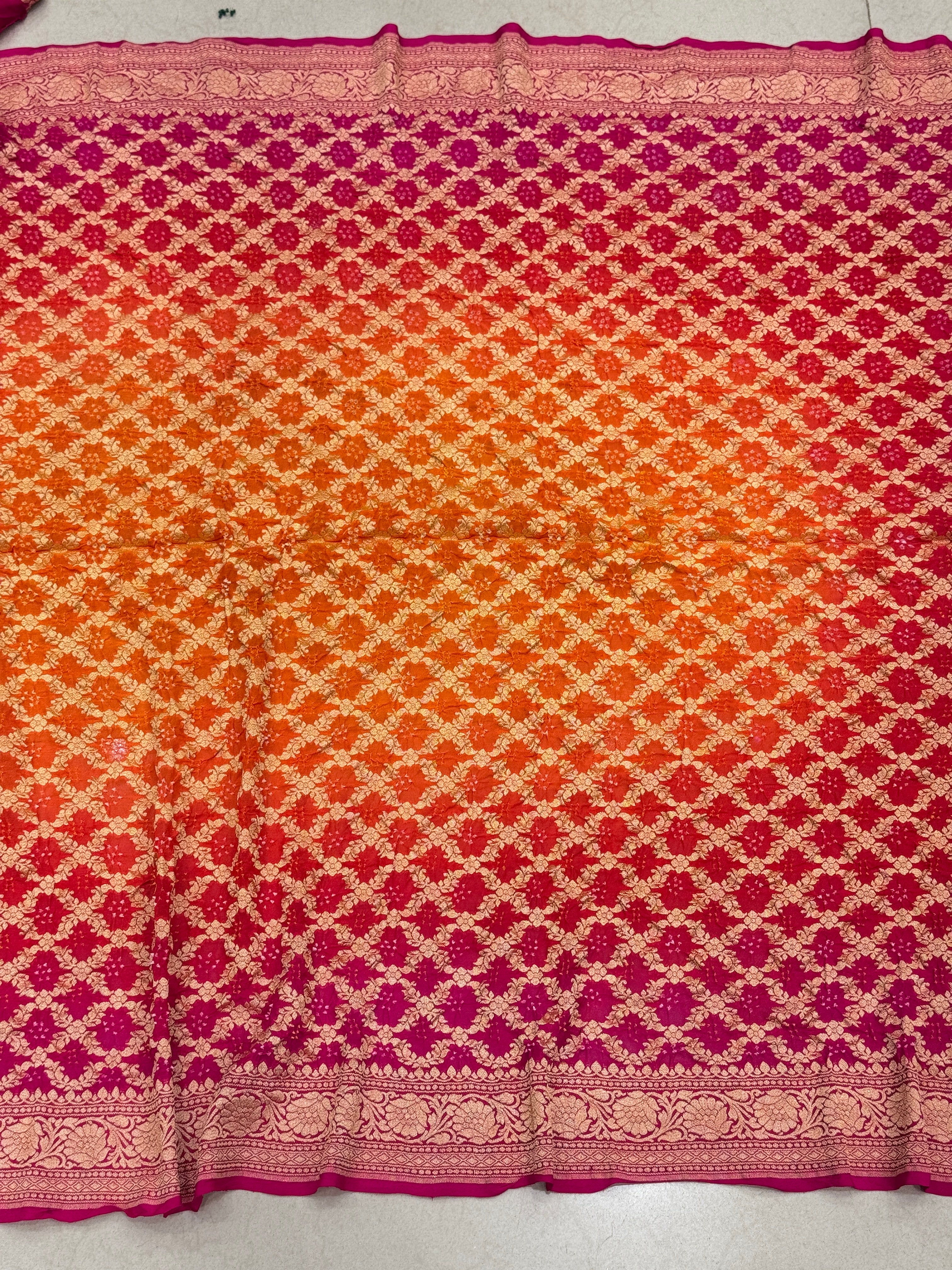 Shaded Orange Rani Block Pallu Bandhej Bandhini Saree