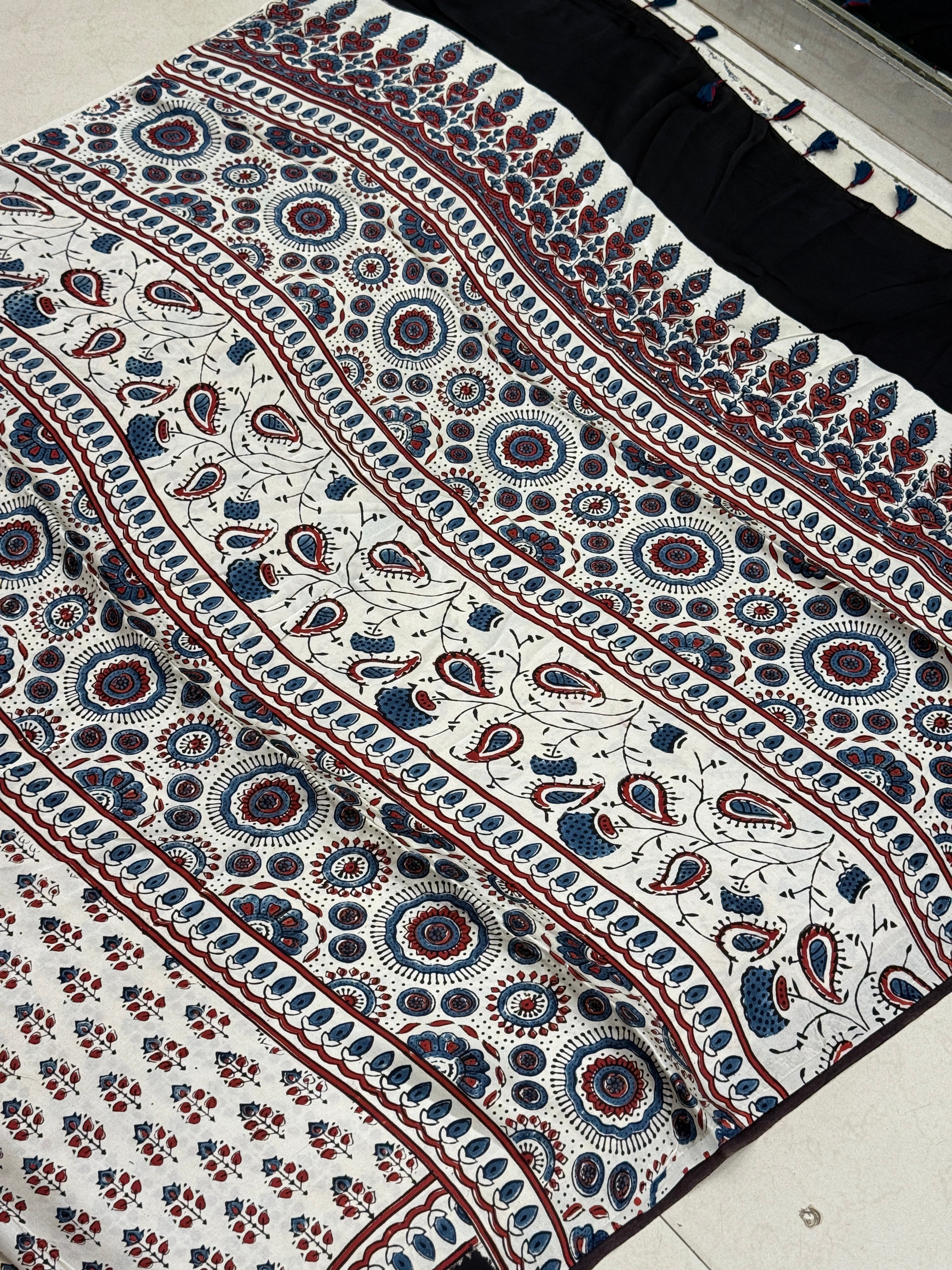 White Blue Buttis Ajrakh Block Print Hand Pure Gajji Silk Saree