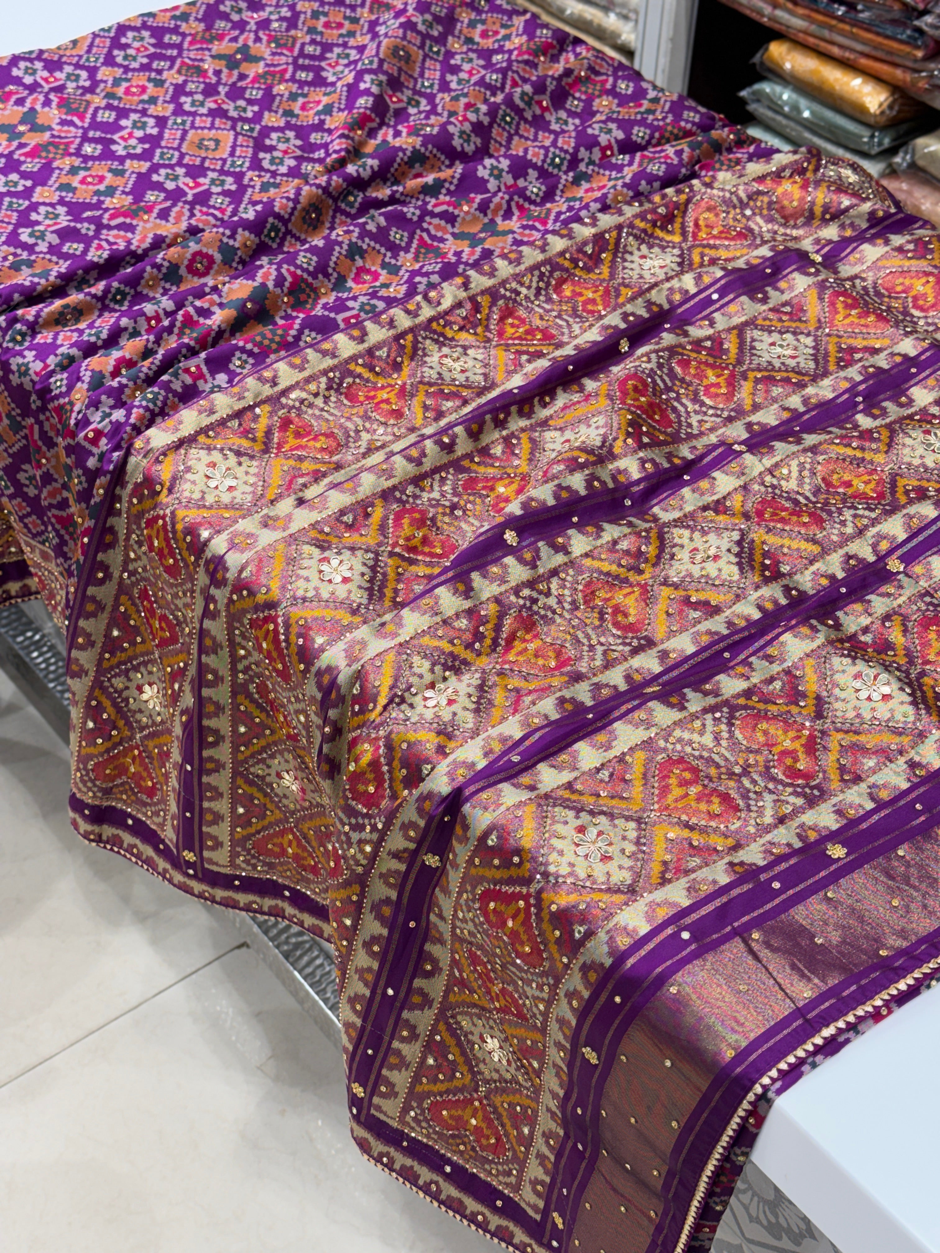 Violet Ratan Chowk Patola Hand Embroidery Kutchi Style Saree