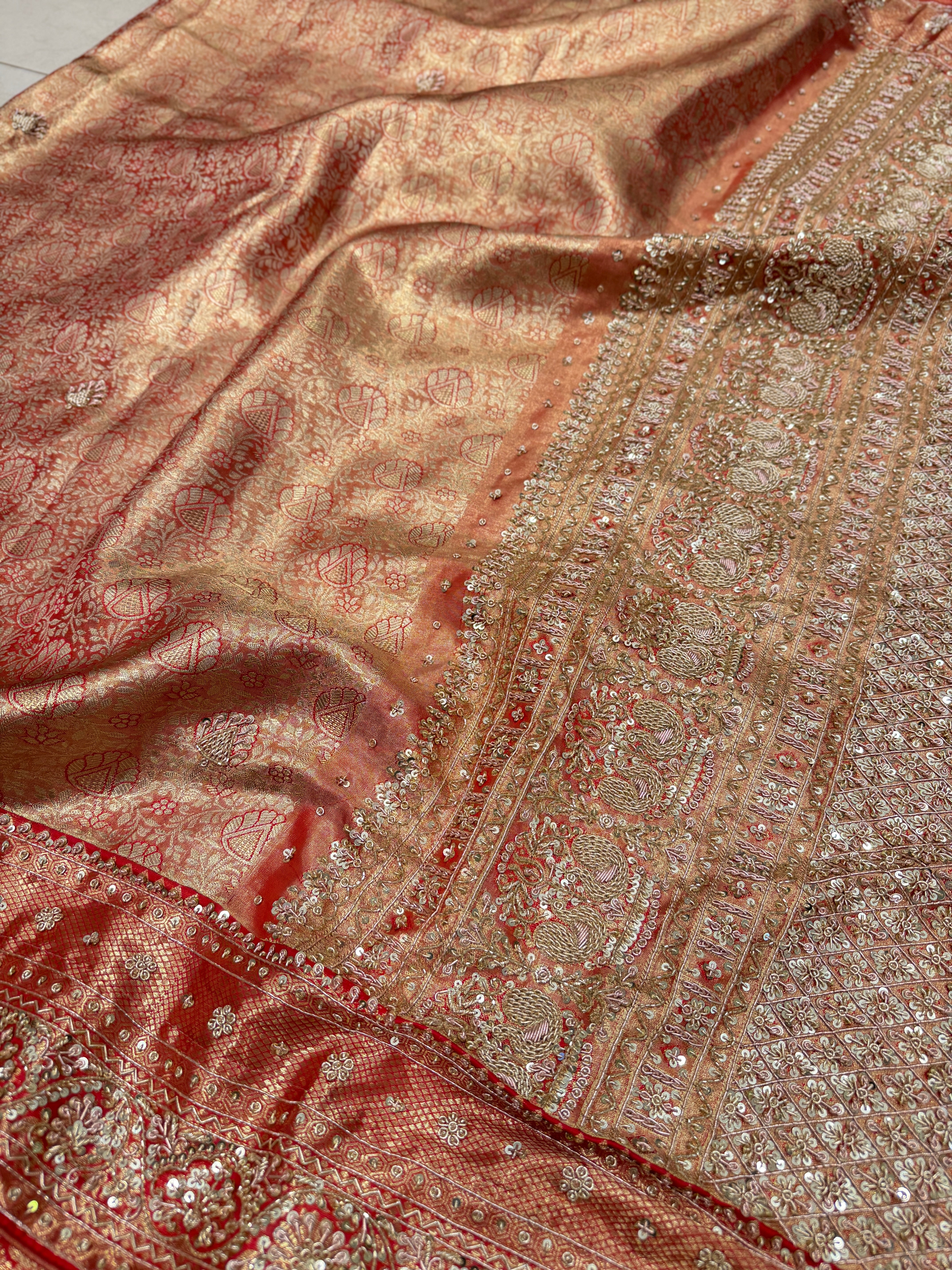 Gold Red Tissue Zardosi Kanjivaram Hand Embroidery Saree