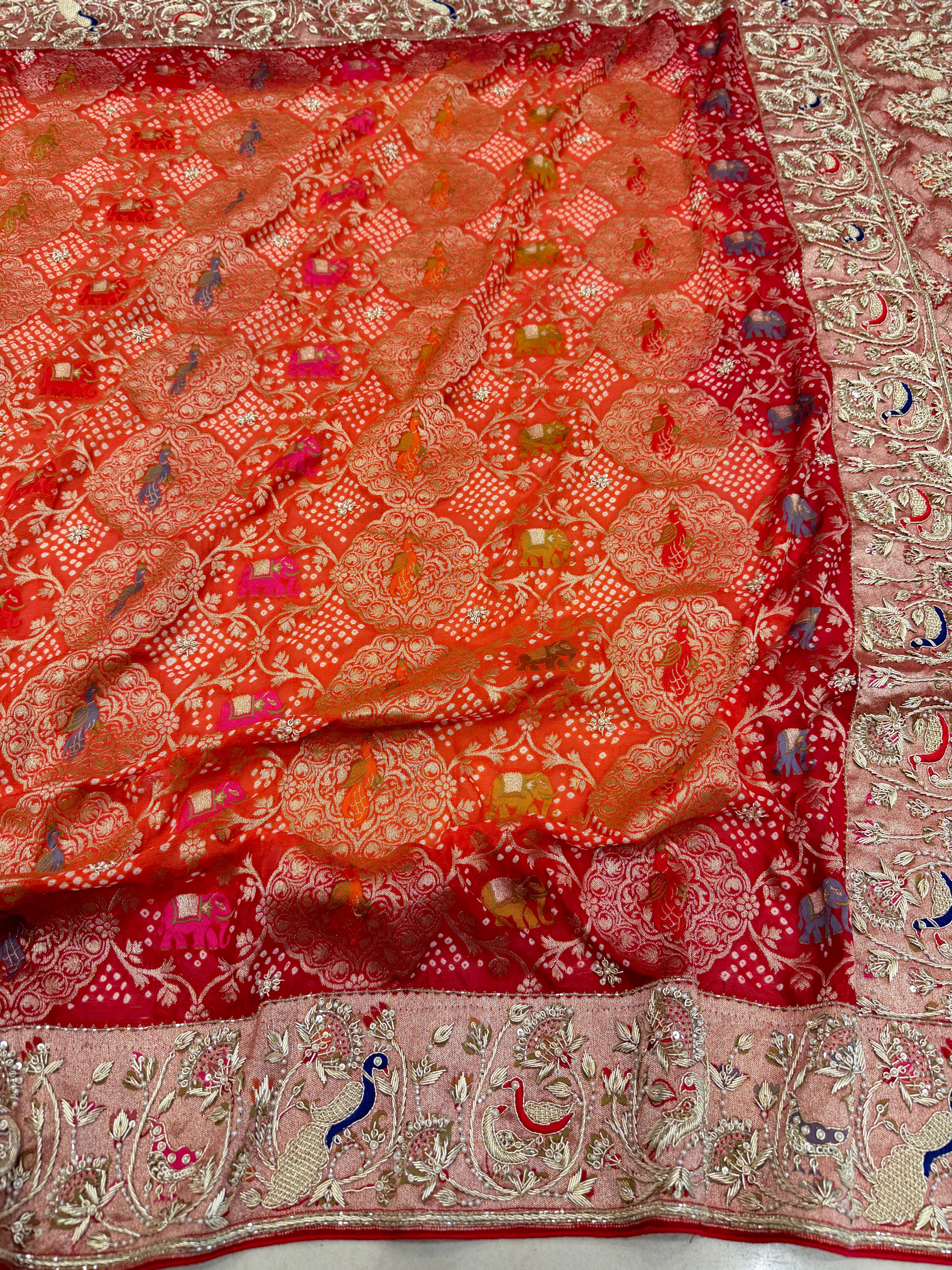 Shaded Meenakari Bandhej Zardosi Mor Hathi Jaal Saree