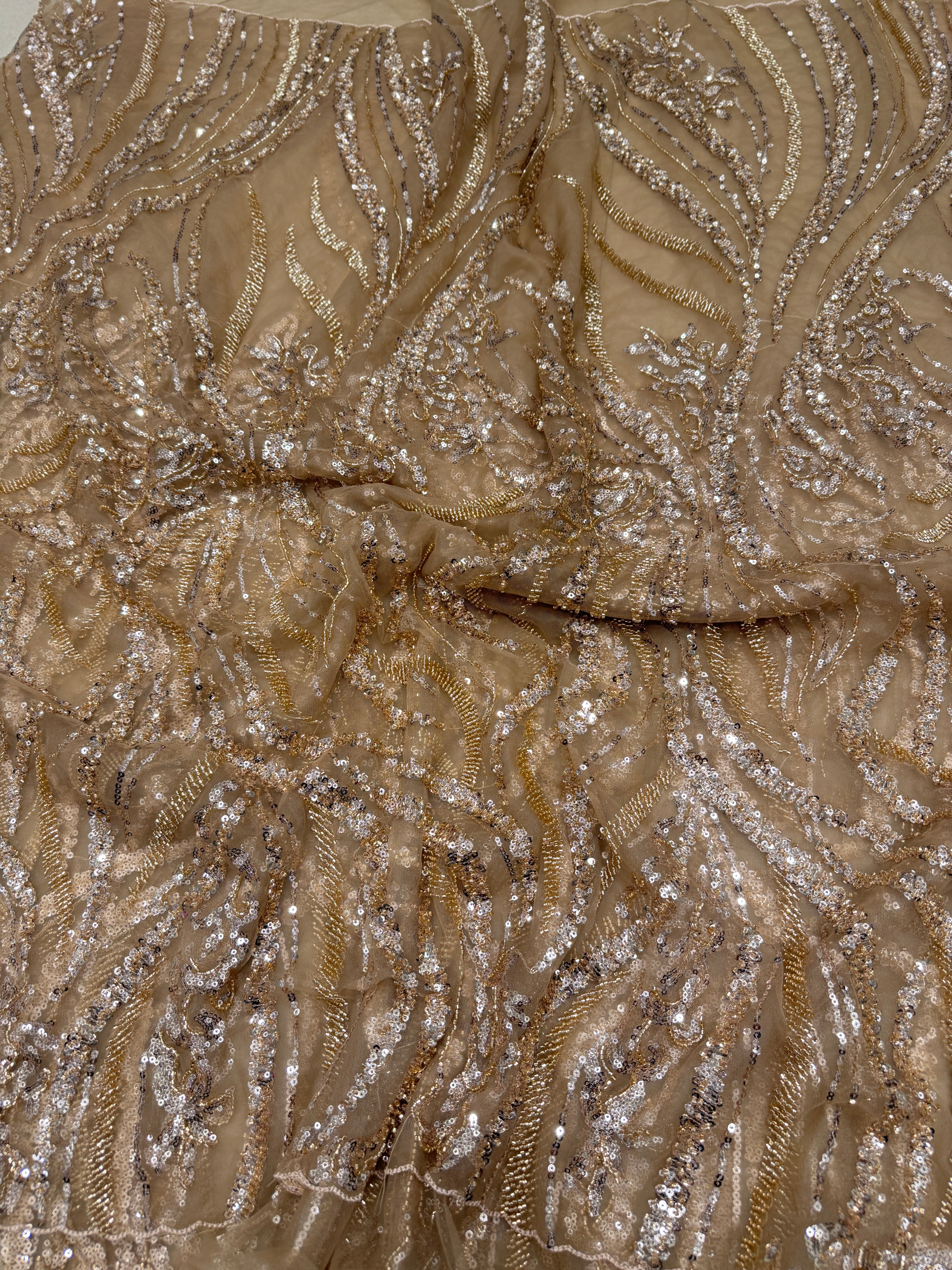 Champagne Gold Net Embroidery Moti Sequin Jaal Saree