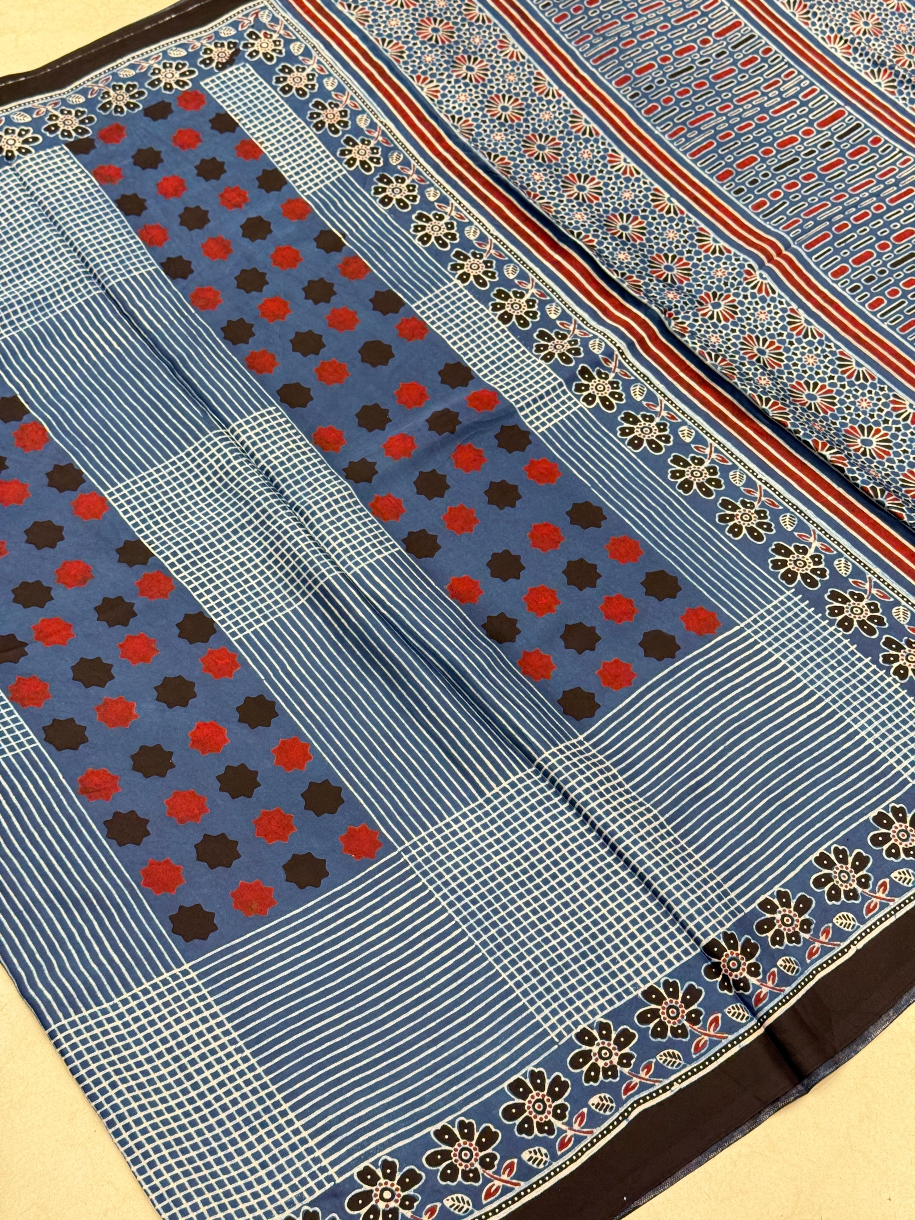 Blue Contemporary Modal Gajji Silk Ajrakh Saree