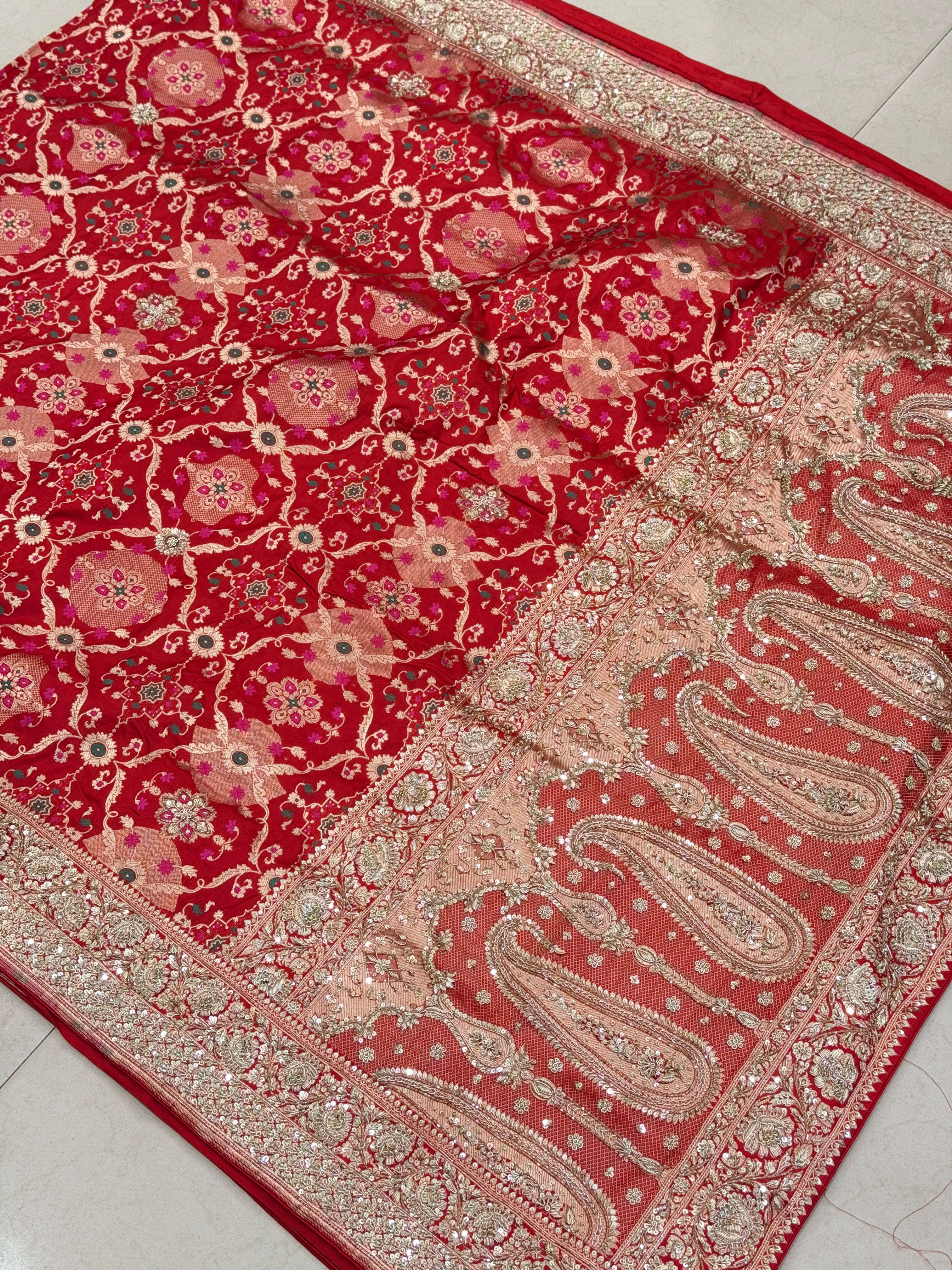 Red Meenakari Handloom Banarasi Pure Katan Zardosi Embroidery Saree