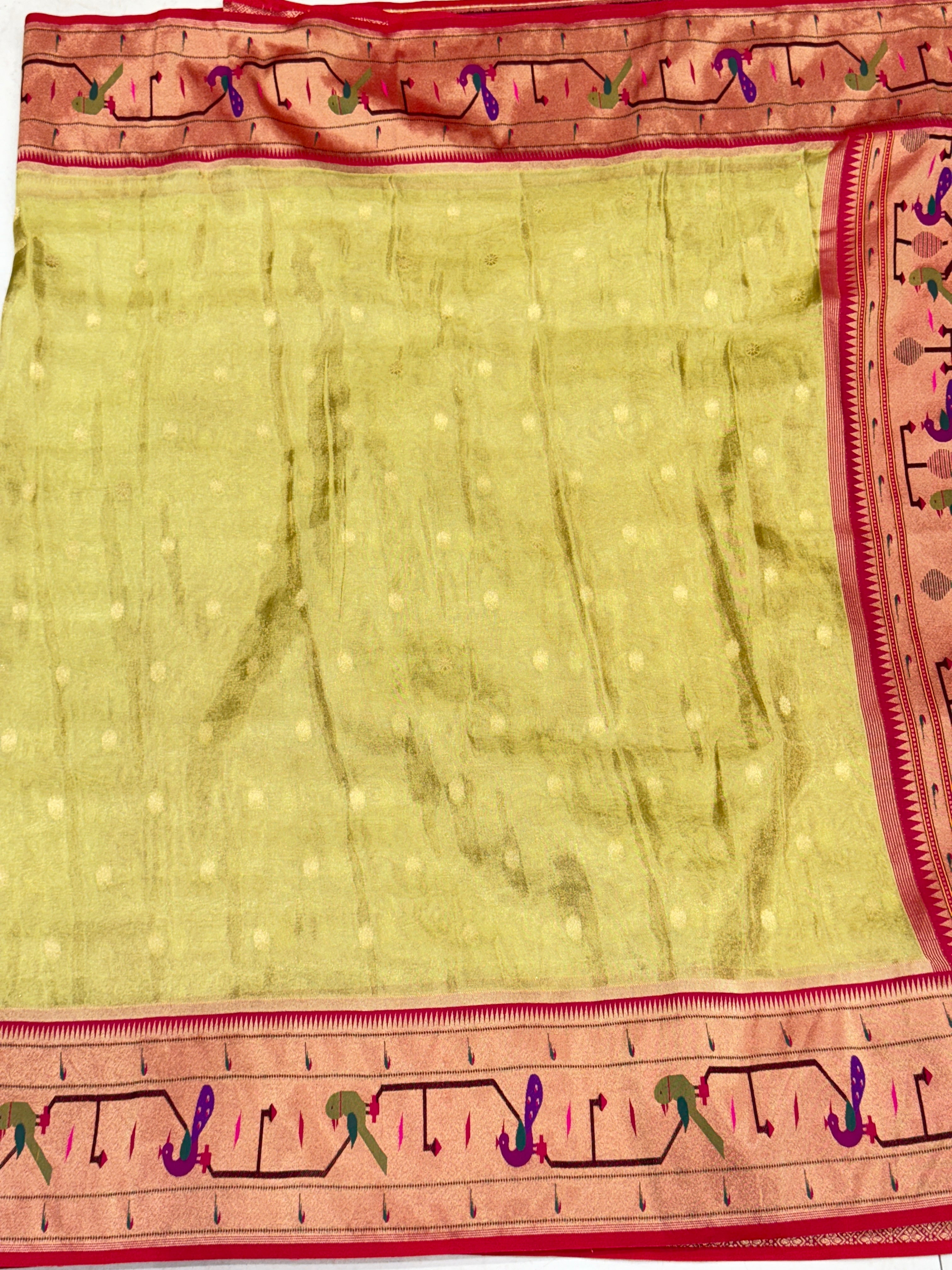 Neon Tissue Paithani Peacock Morbangadi Border Saree