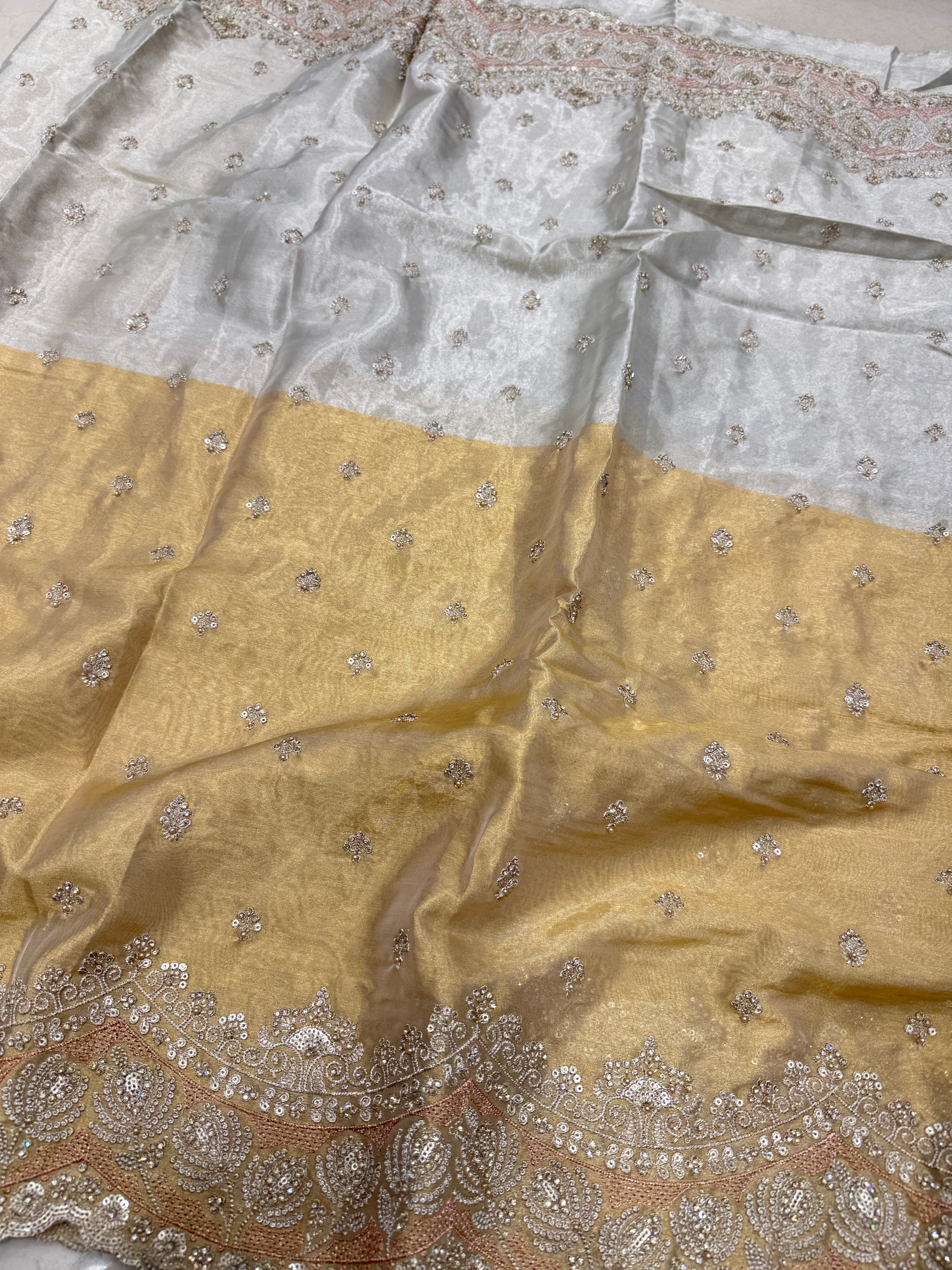 Golden Silver Soft Tissue Pita Scallop Embroidery Saree