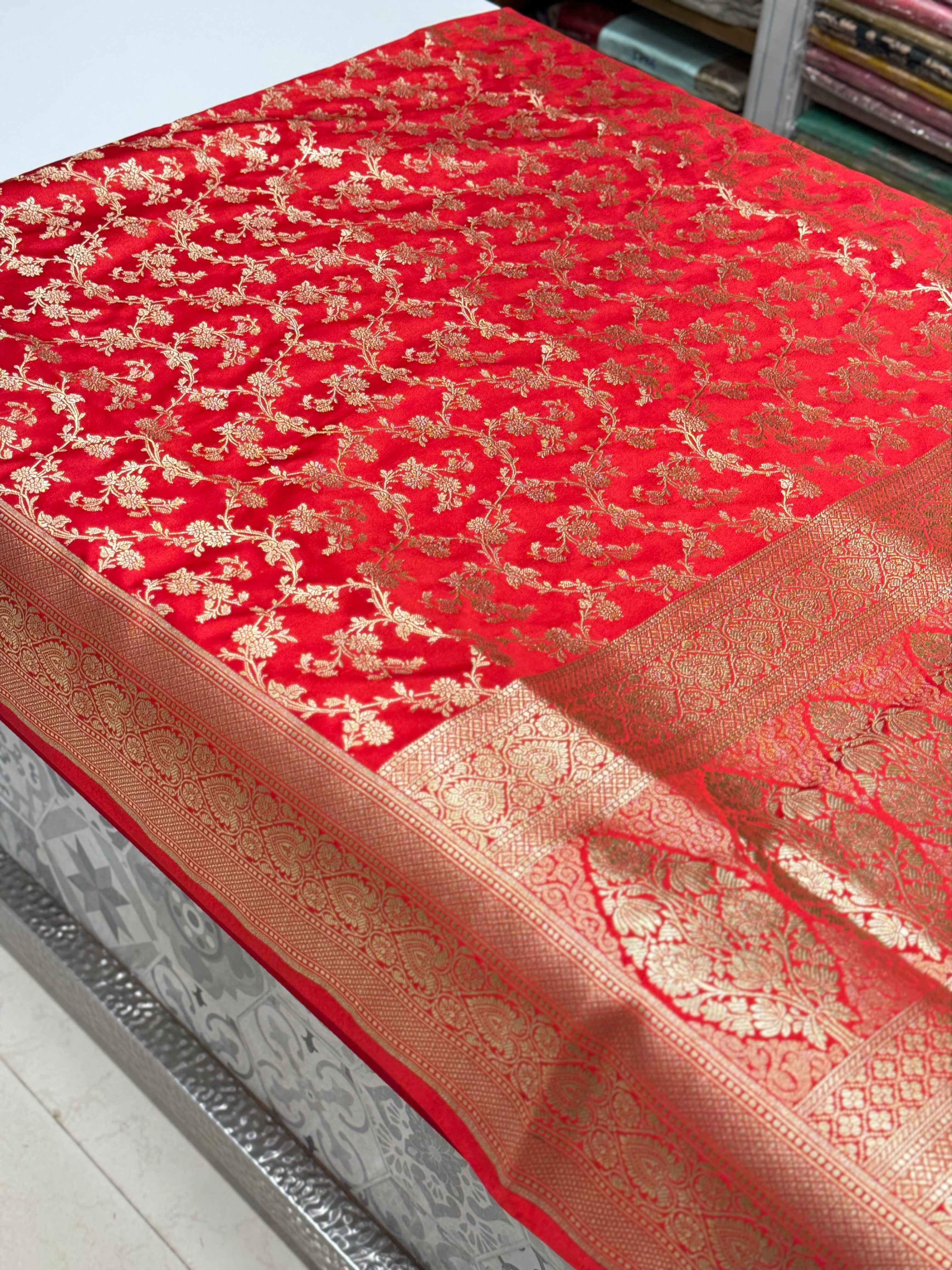 Red Banarasi Silk Jaal Saree