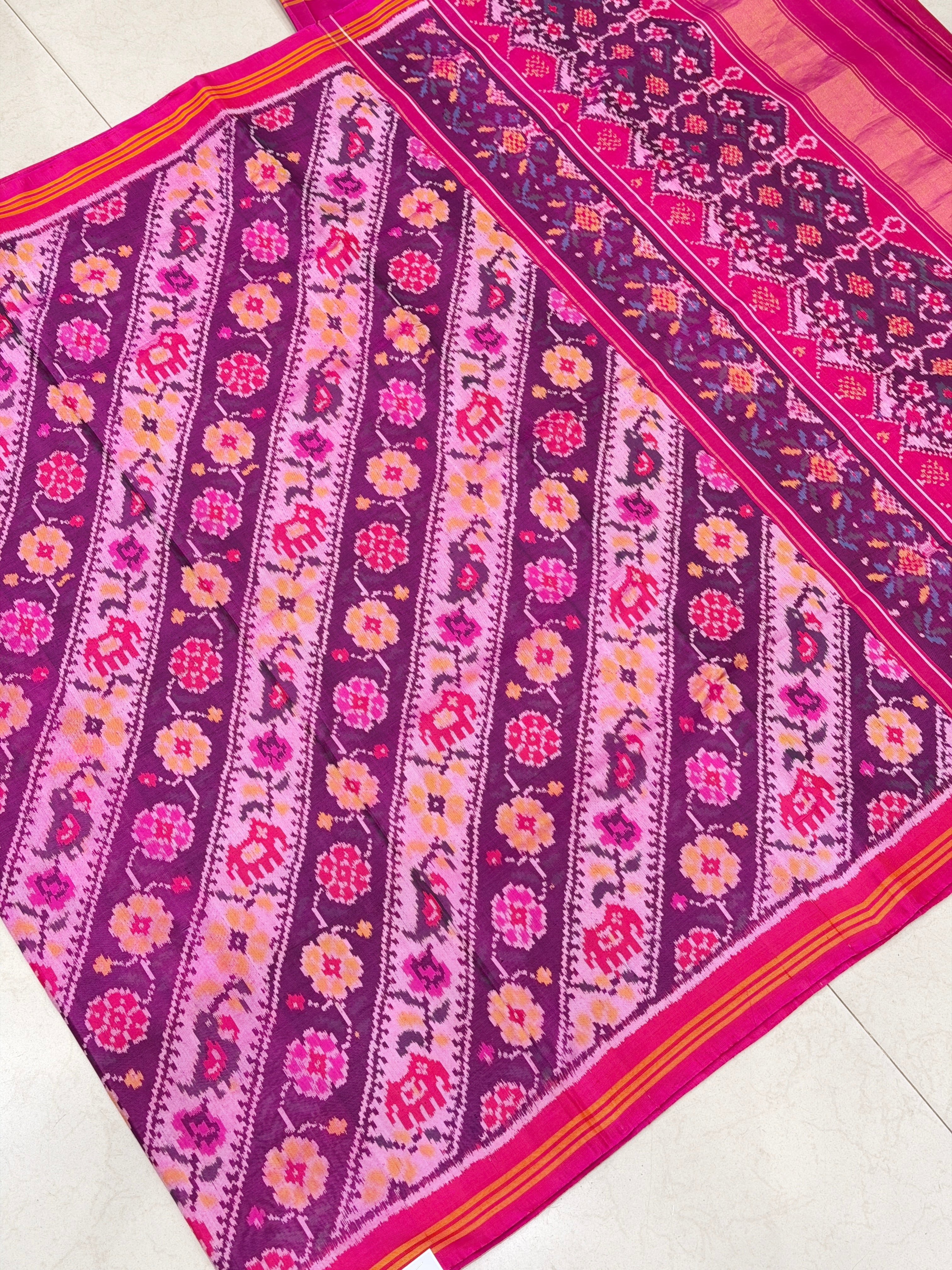 Contemporary Floral Elephant Handloom Rajot Ikat Patola Silk Saree