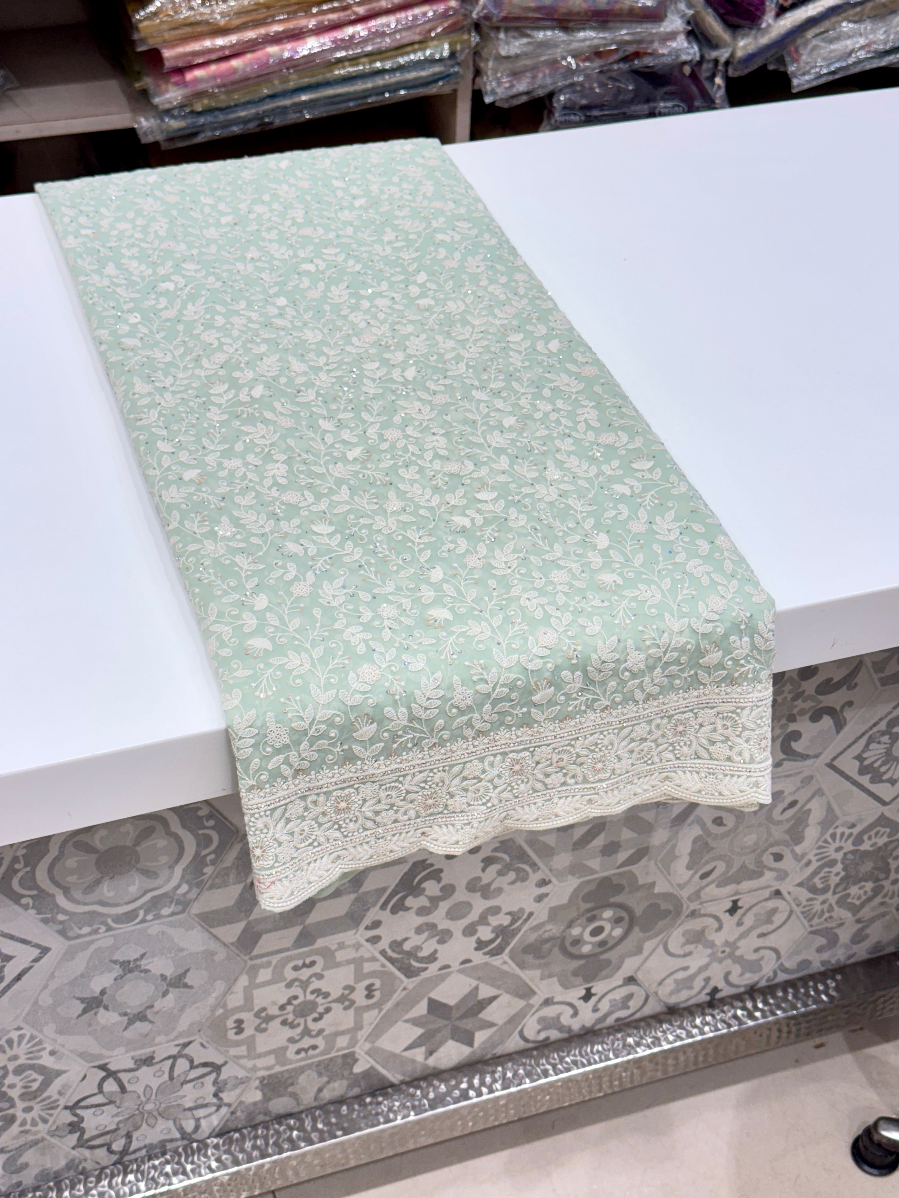 Pista Green Chikankari Scallop Design Saree
