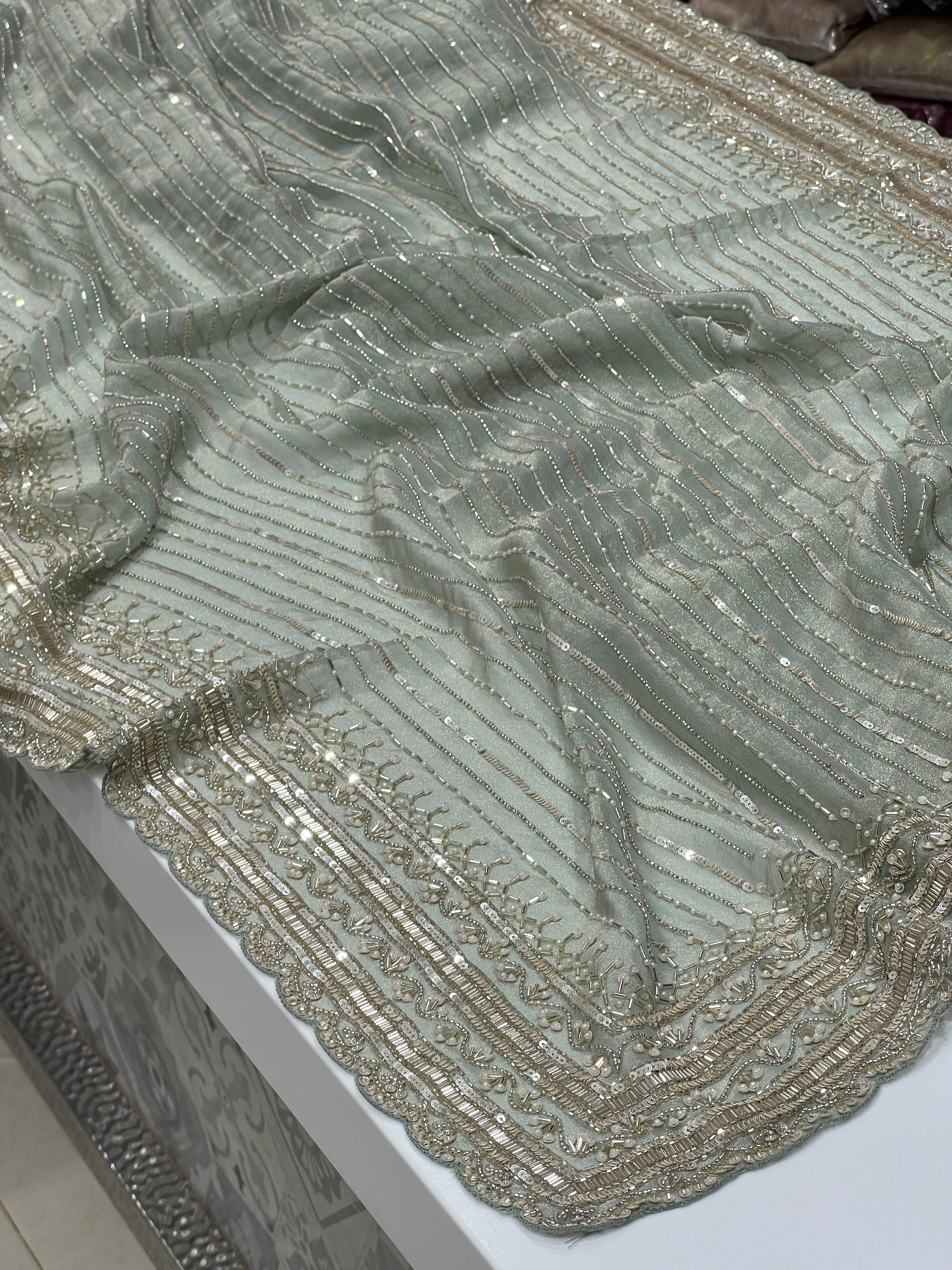 Green Crepe Tissue Moti Hand Embroidery Saree
