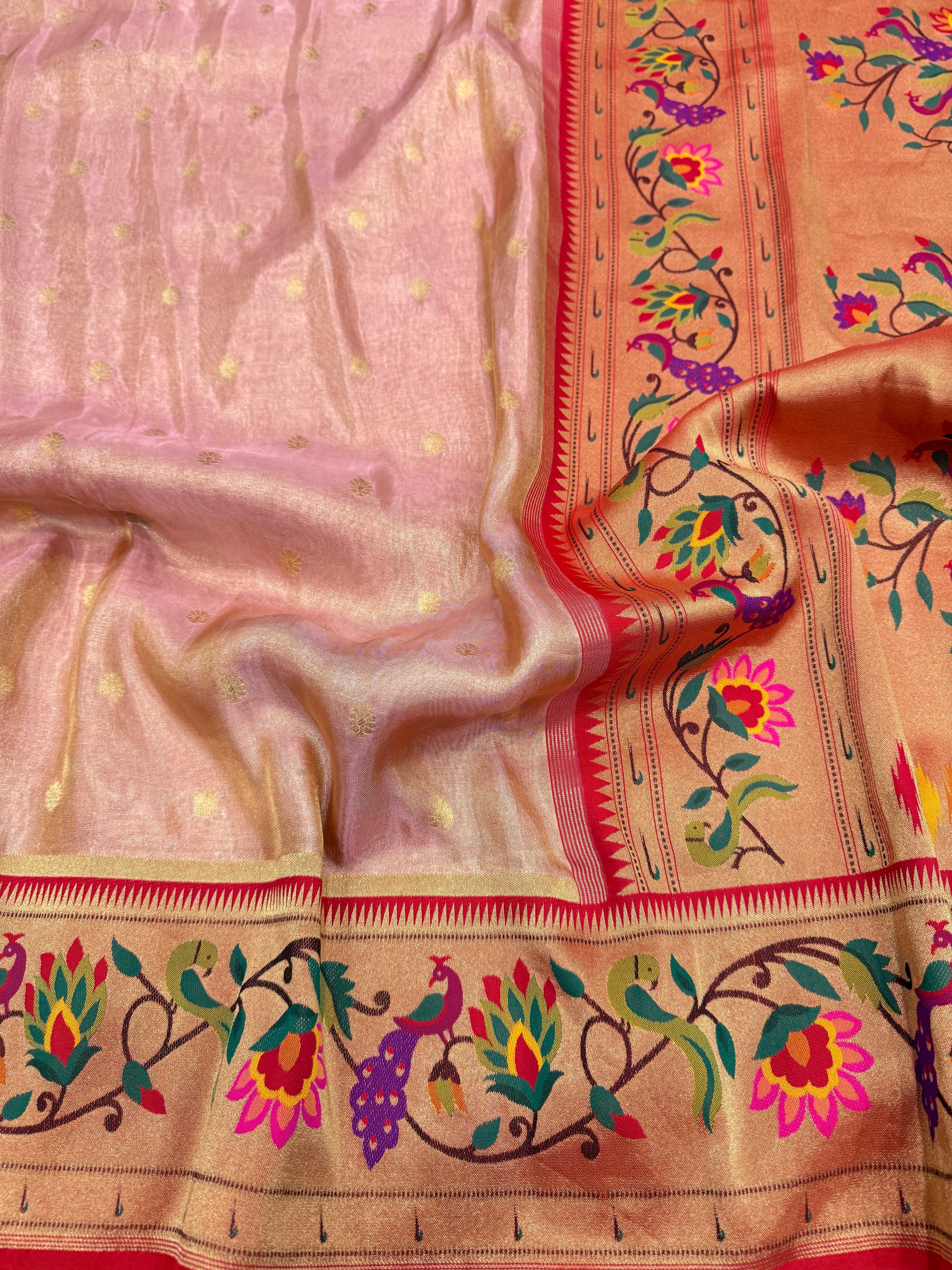 Pink Tissue Paithani Peacock Border Saree