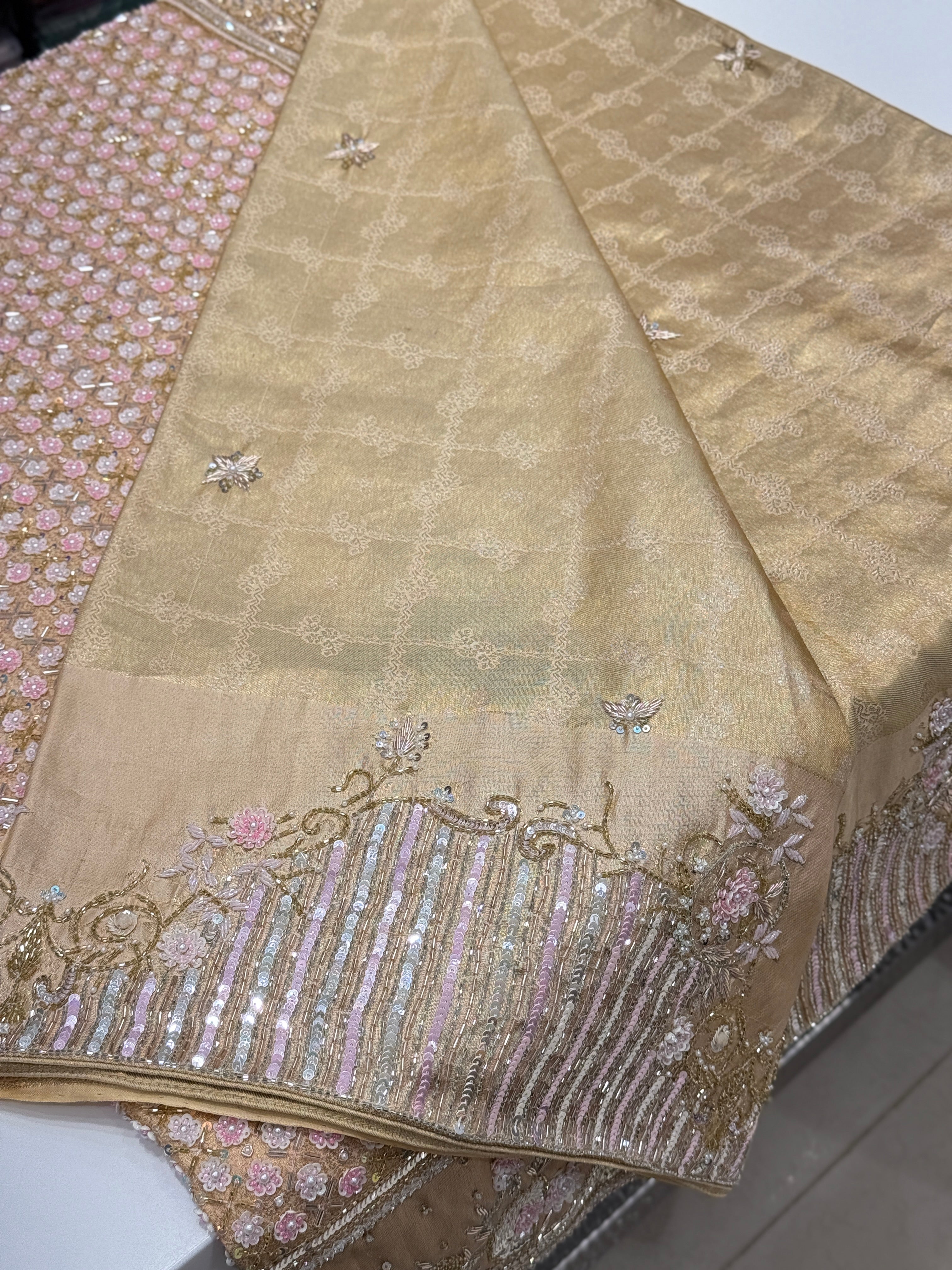 Light Gold Tissue Check Kanjivaram Hand Embroidery Saree