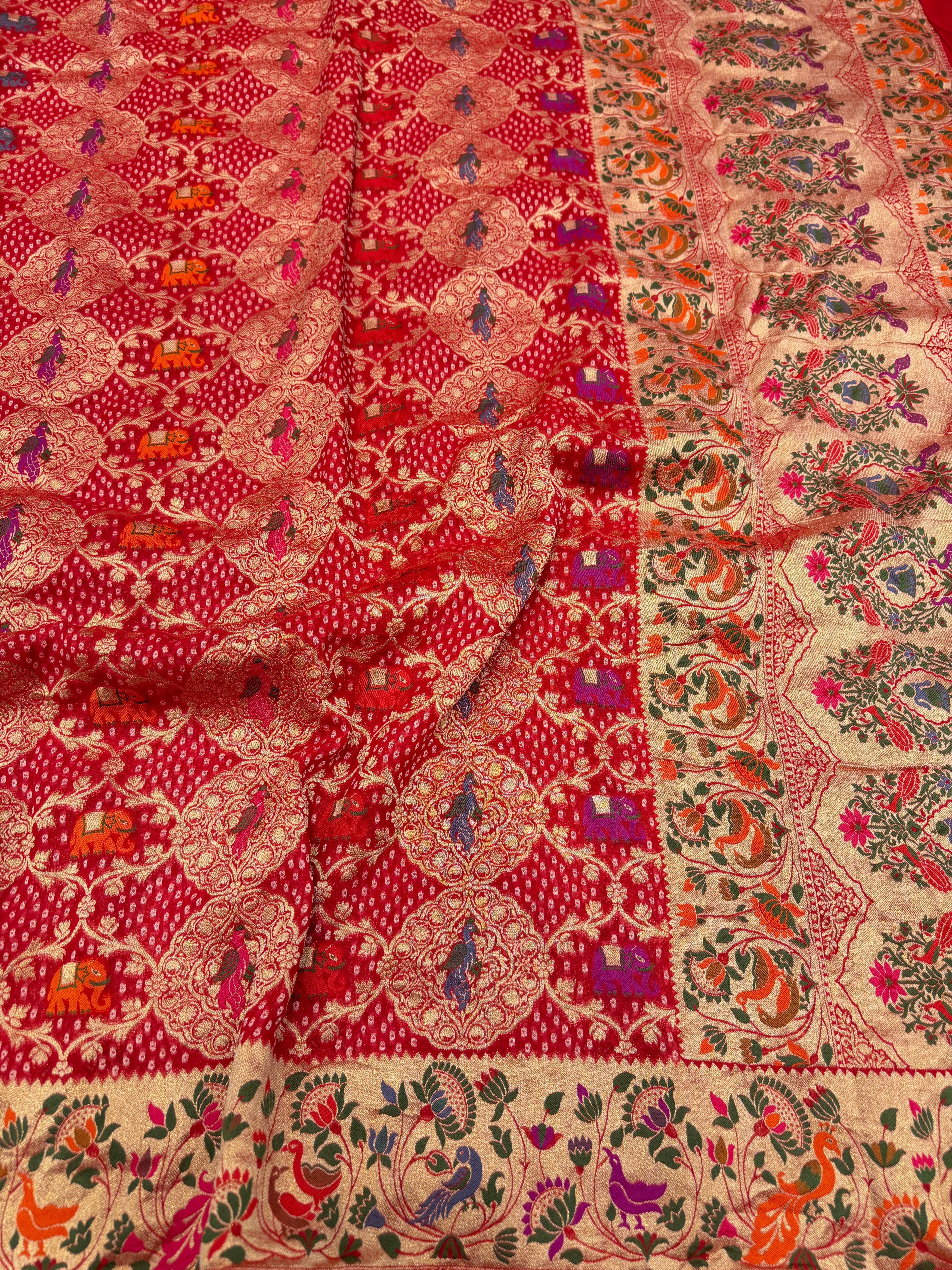 Red Woven Bandhej Meenakari Peacock Parrot Motif Saree