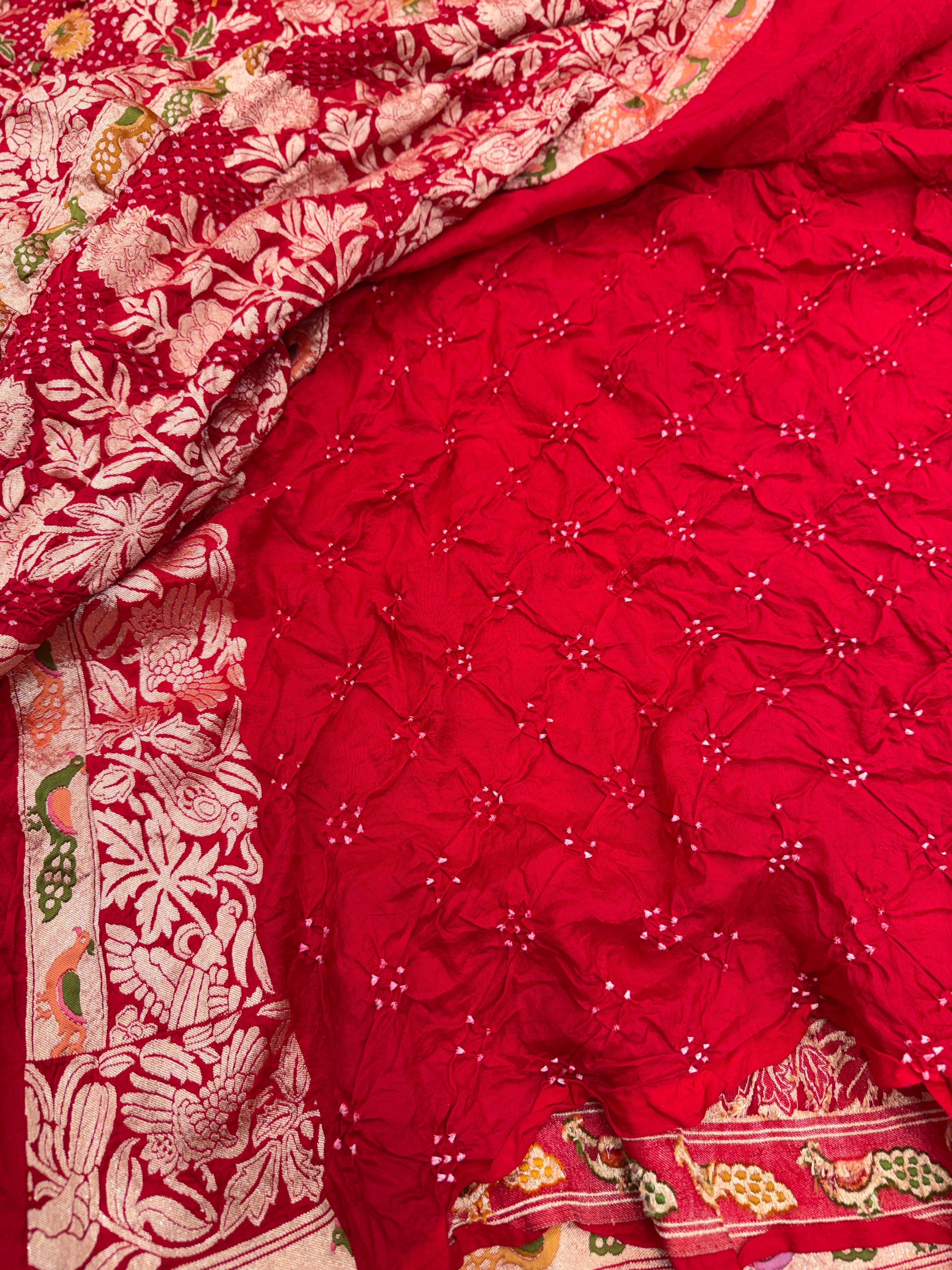 Red Meenakari Meenakari Jaal Peacock Motif Pure Handloom Bandhej Georgette Saree
