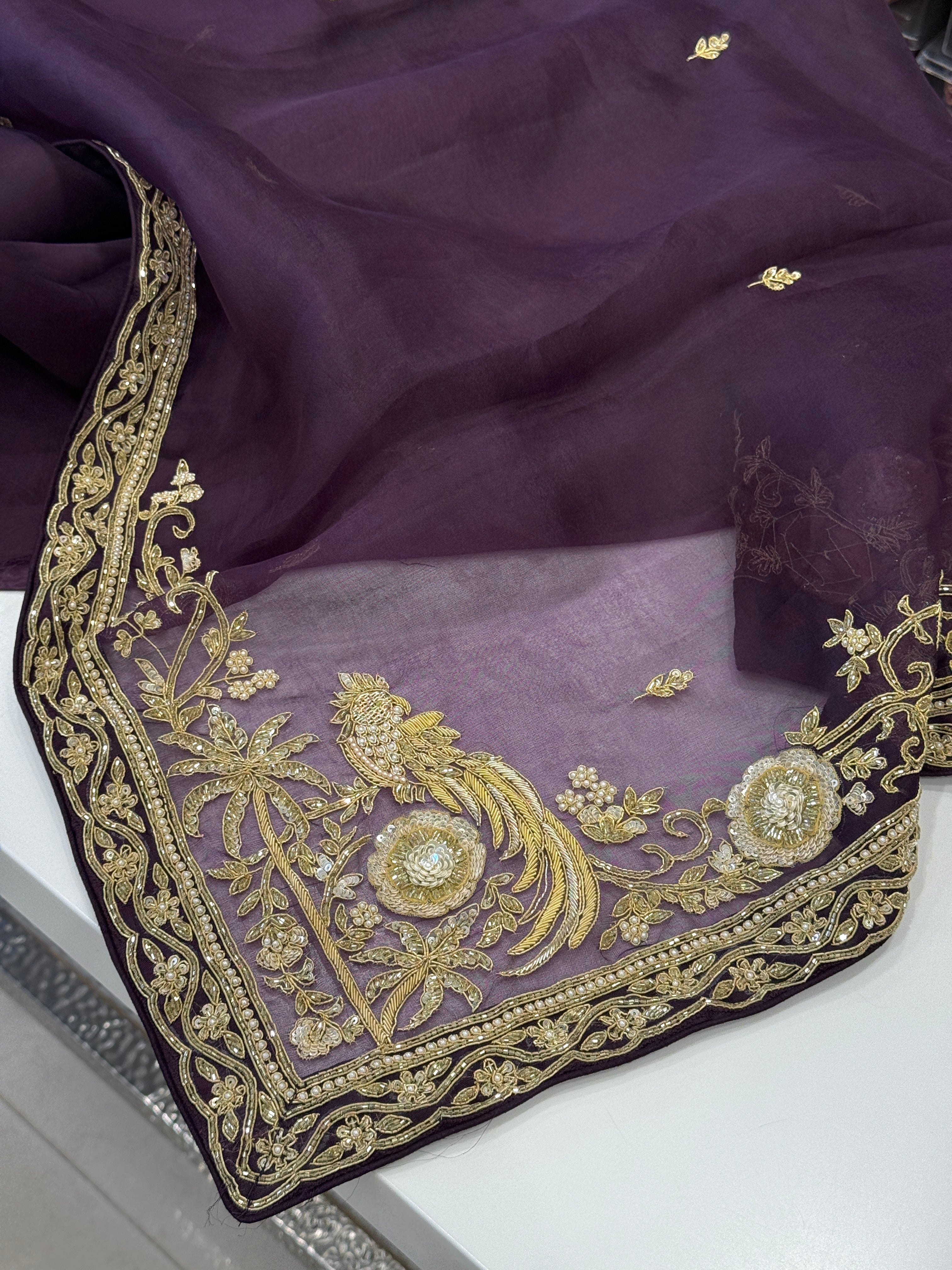 Dark Wine Organza Zardozi Hand Embroidery Saree