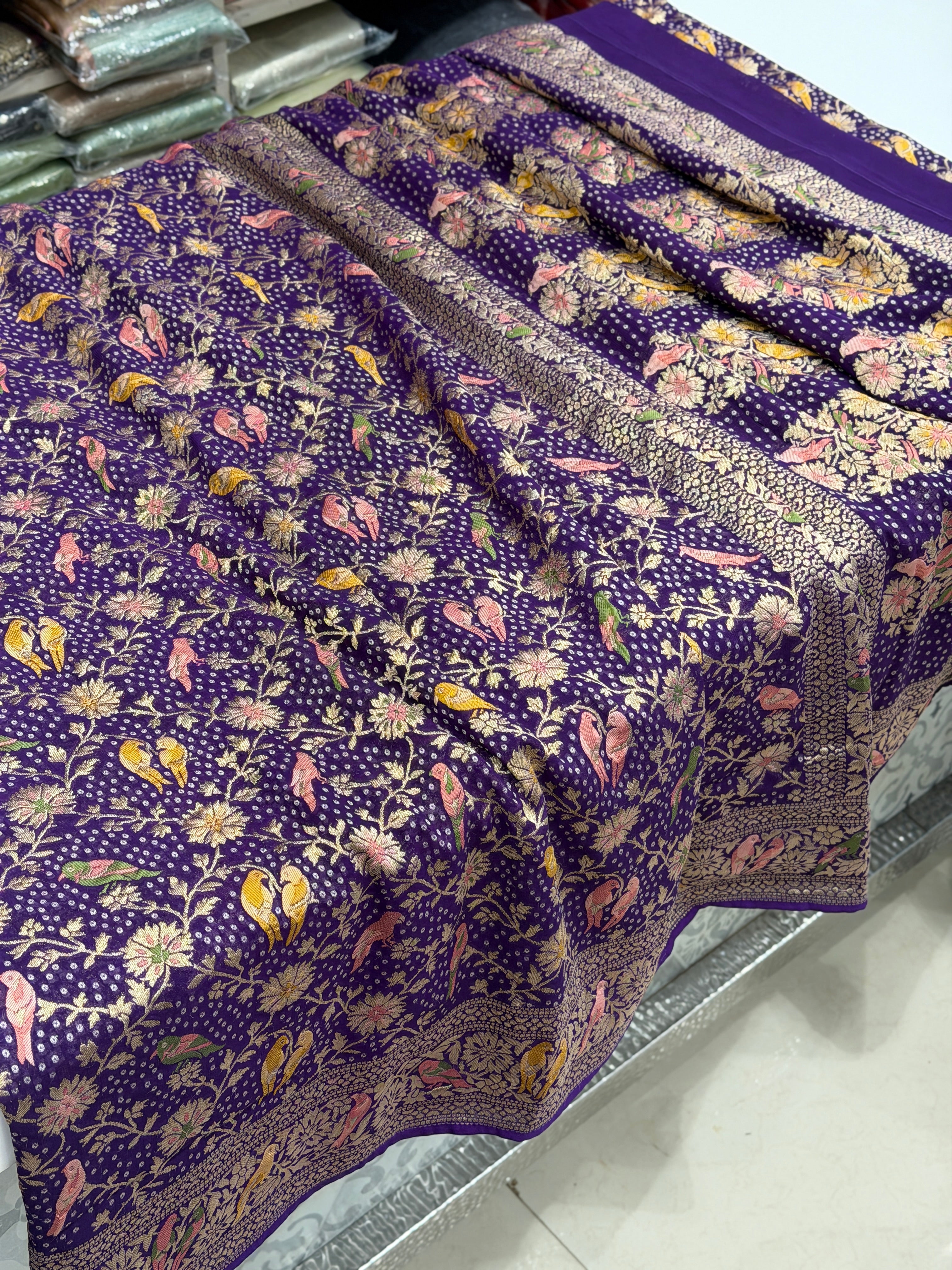 Violet Woven Bandhej Meenakari Parrot Motif Saree