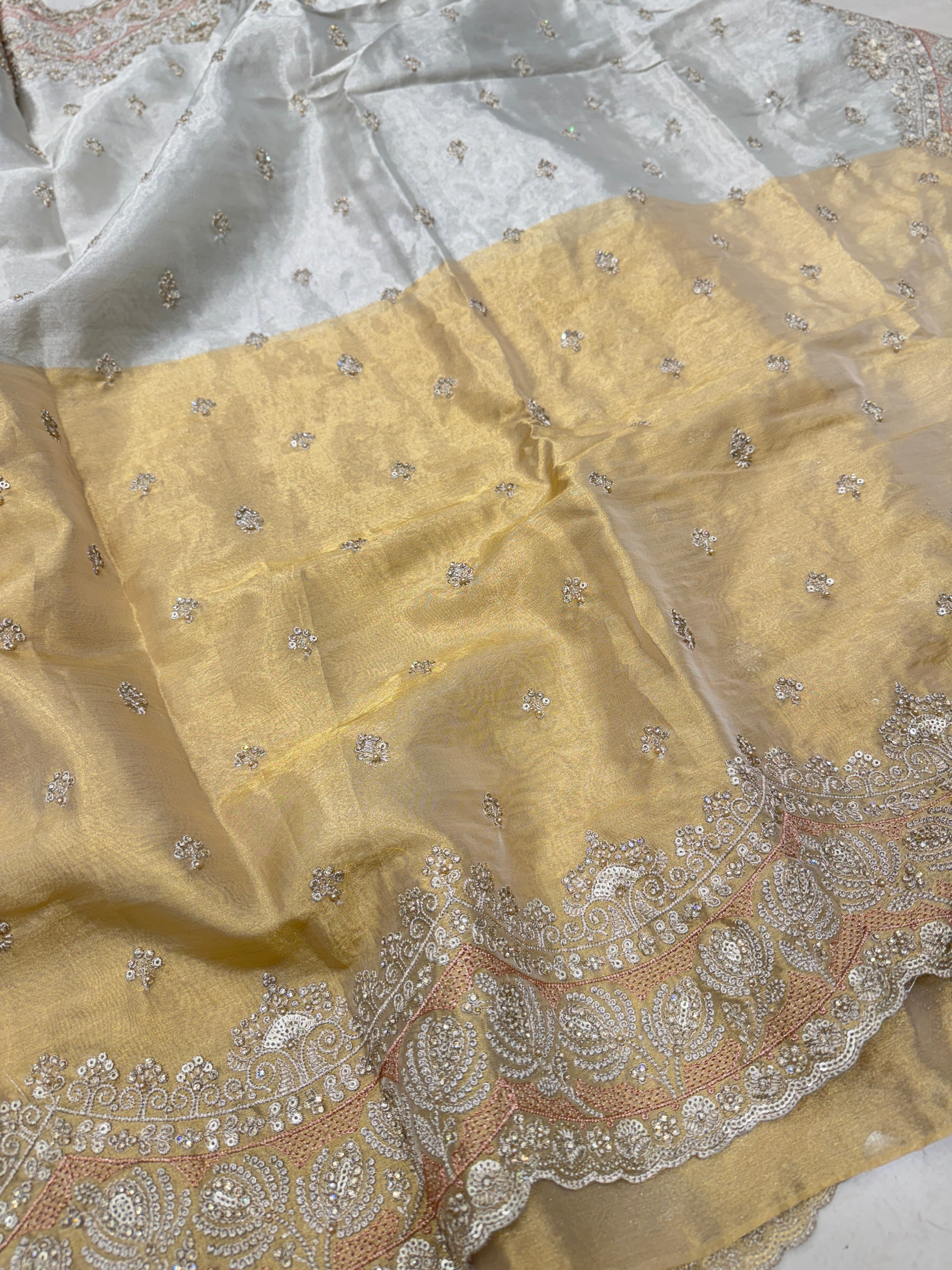 Golden Silver Soft Tissue Pita Scallop Embroidery Saree