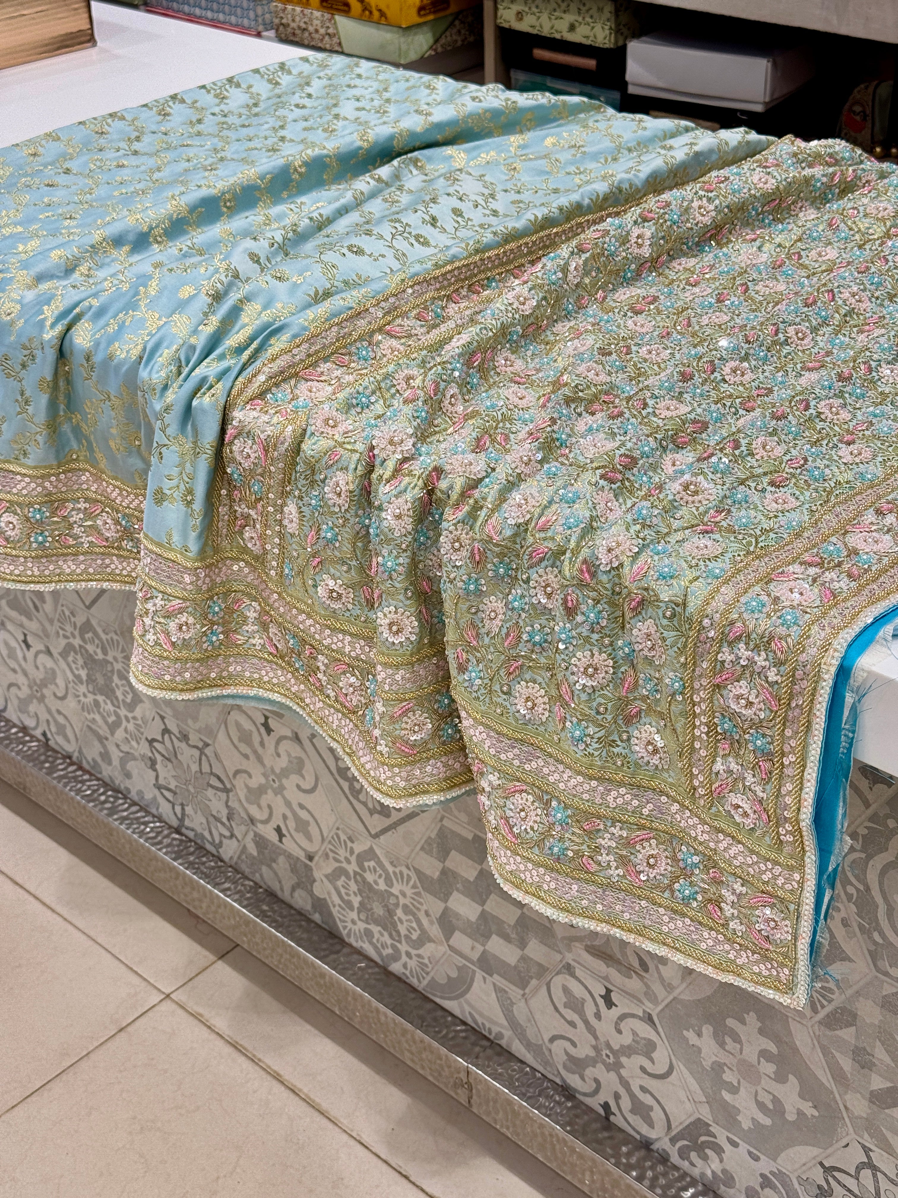 Light Blue Banarasi Flower Border Moti Hand Embroidery Saree