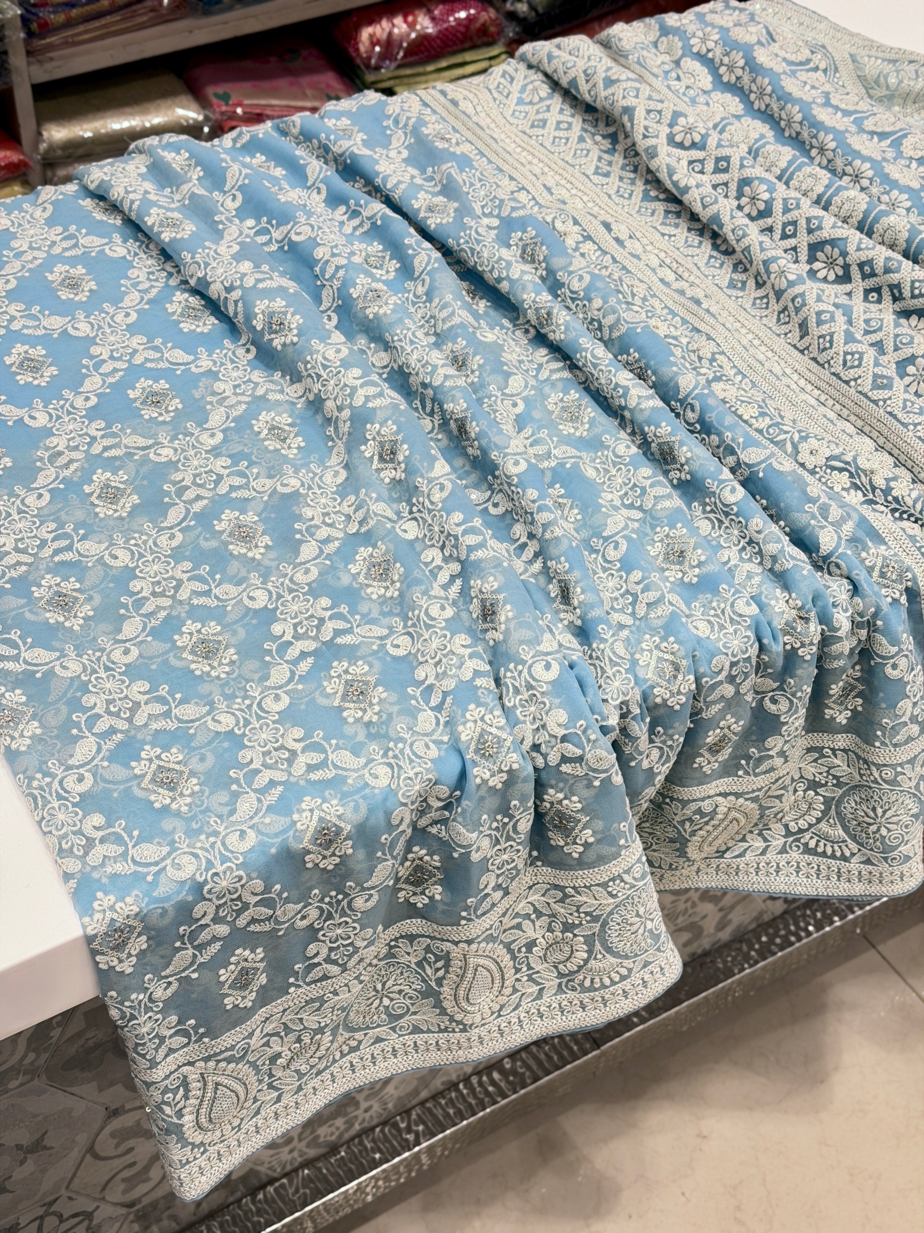 Light Blue Chikankari Georgette Cross Jaal Saree