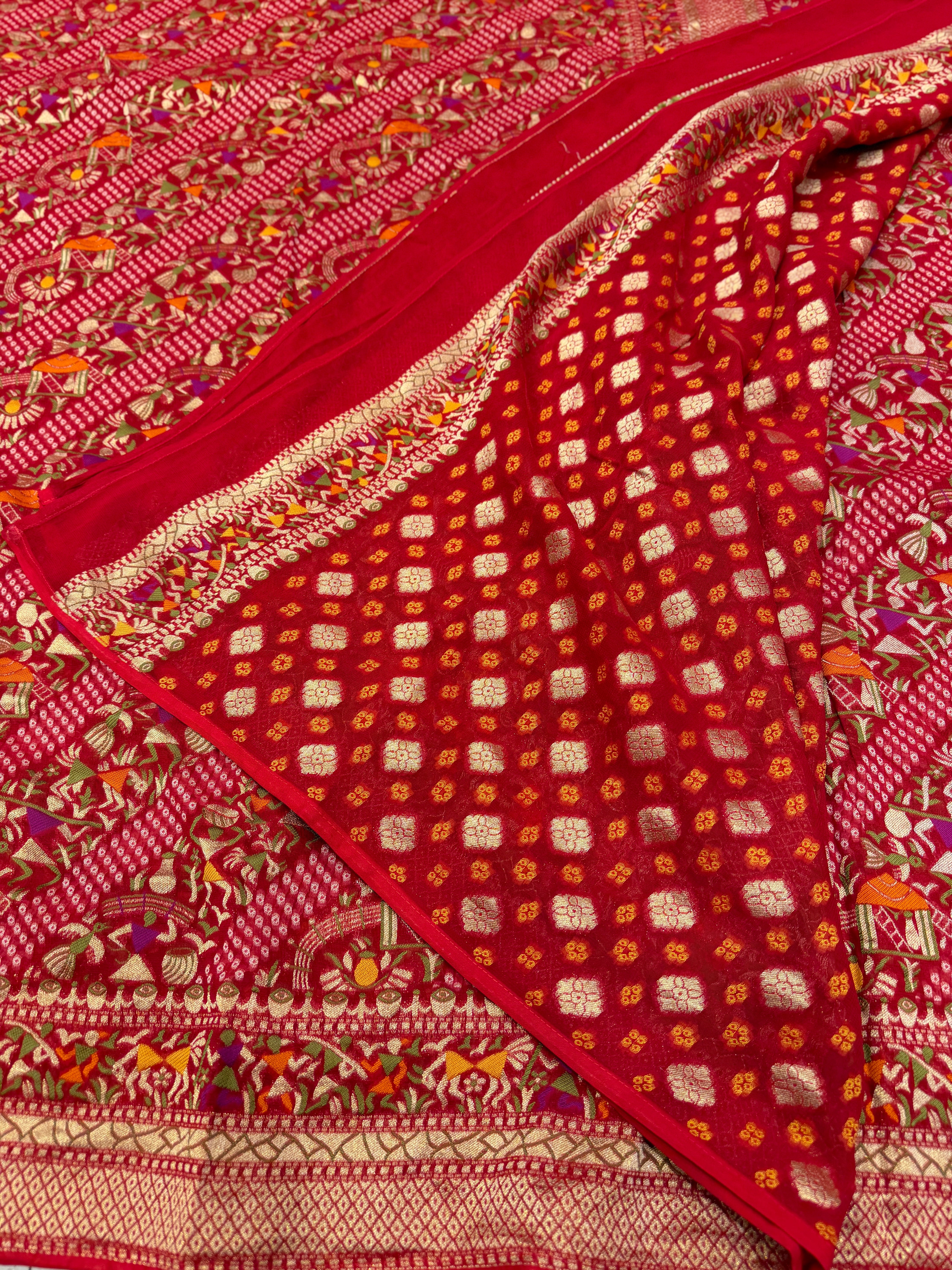 Red Warli Style Woven Bandhej Georgette Saree
