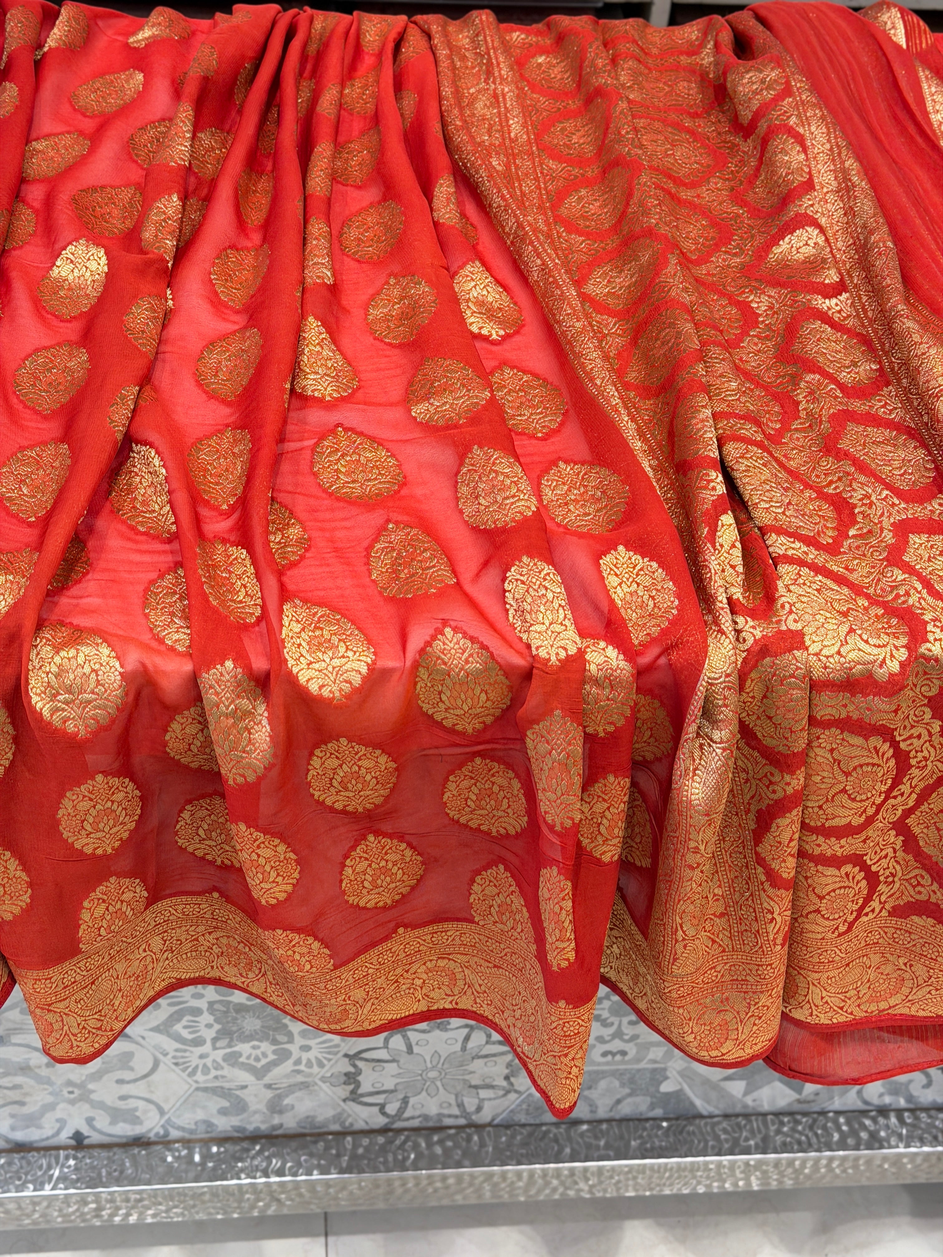 Red Banarasi Khaddi Georgette Woven Buttas Saree