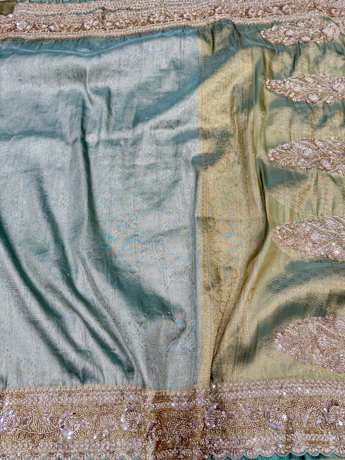 Sea Green Woven Tissue Silk Moti Sequin Saree