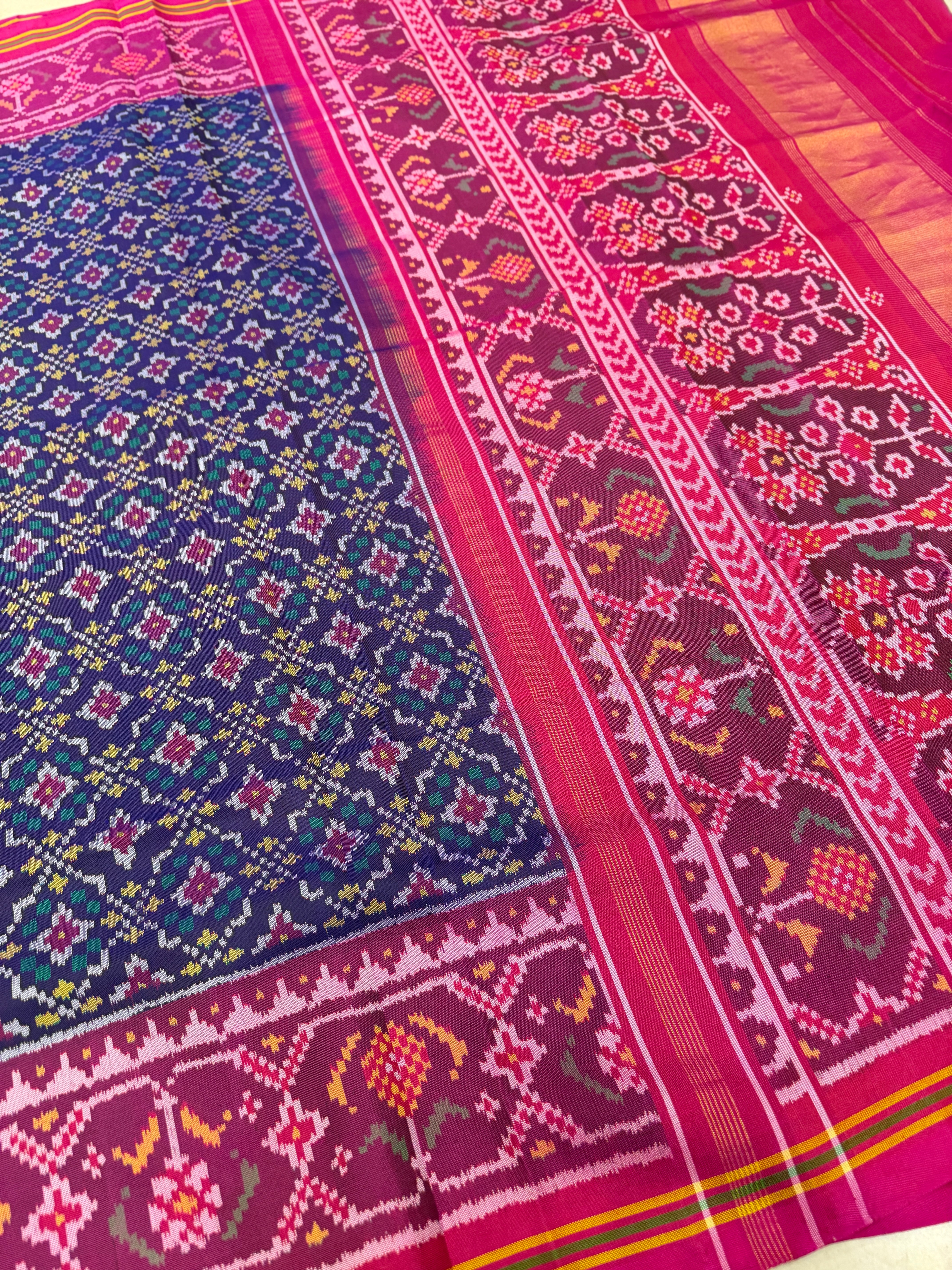 Blue Button Phool Patan Patola Handloom Pure Silk Saree