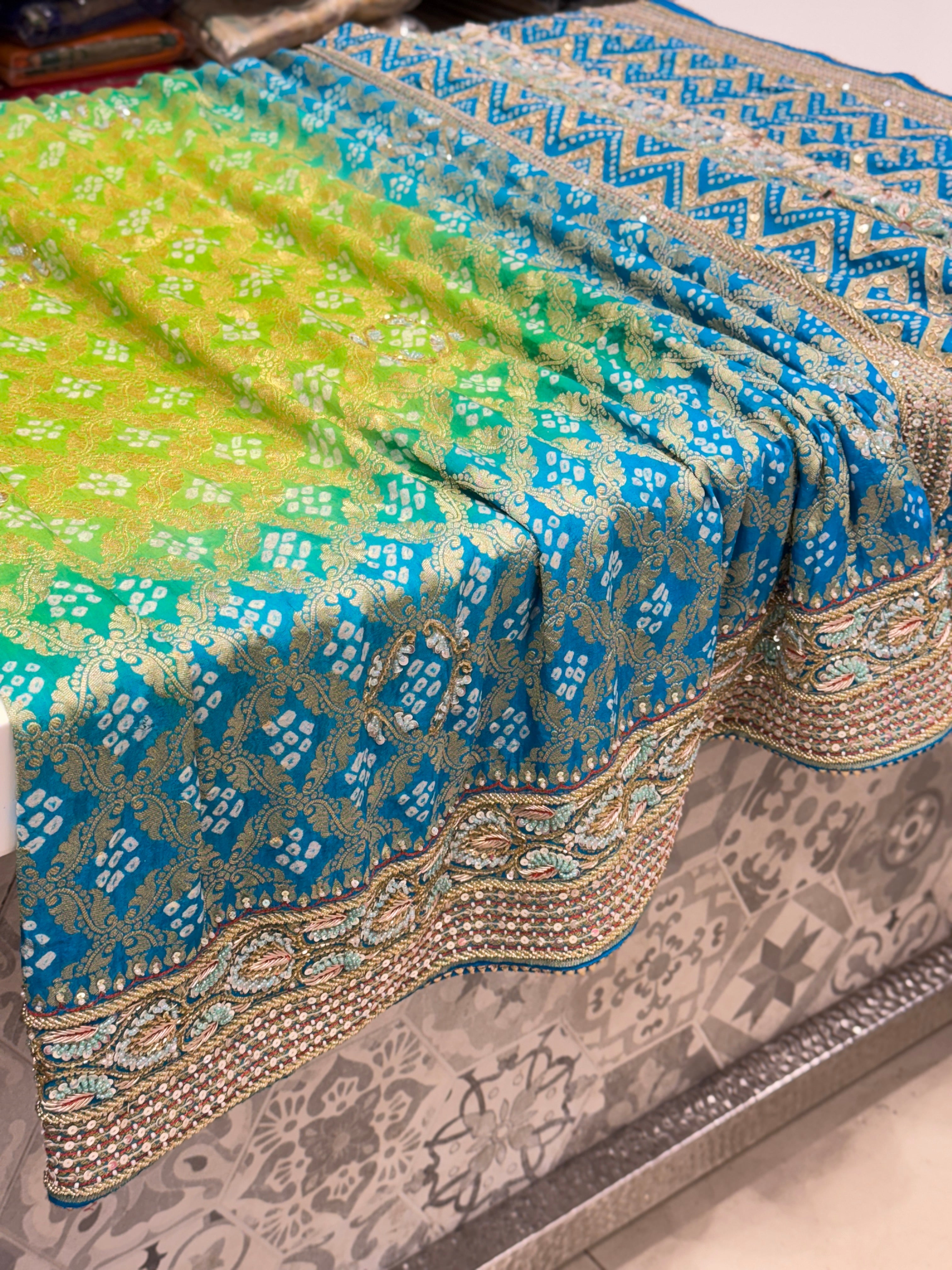 Jhanvi Kapoor Inspired Shaded Green Hand Embroidery Bandhej Saree