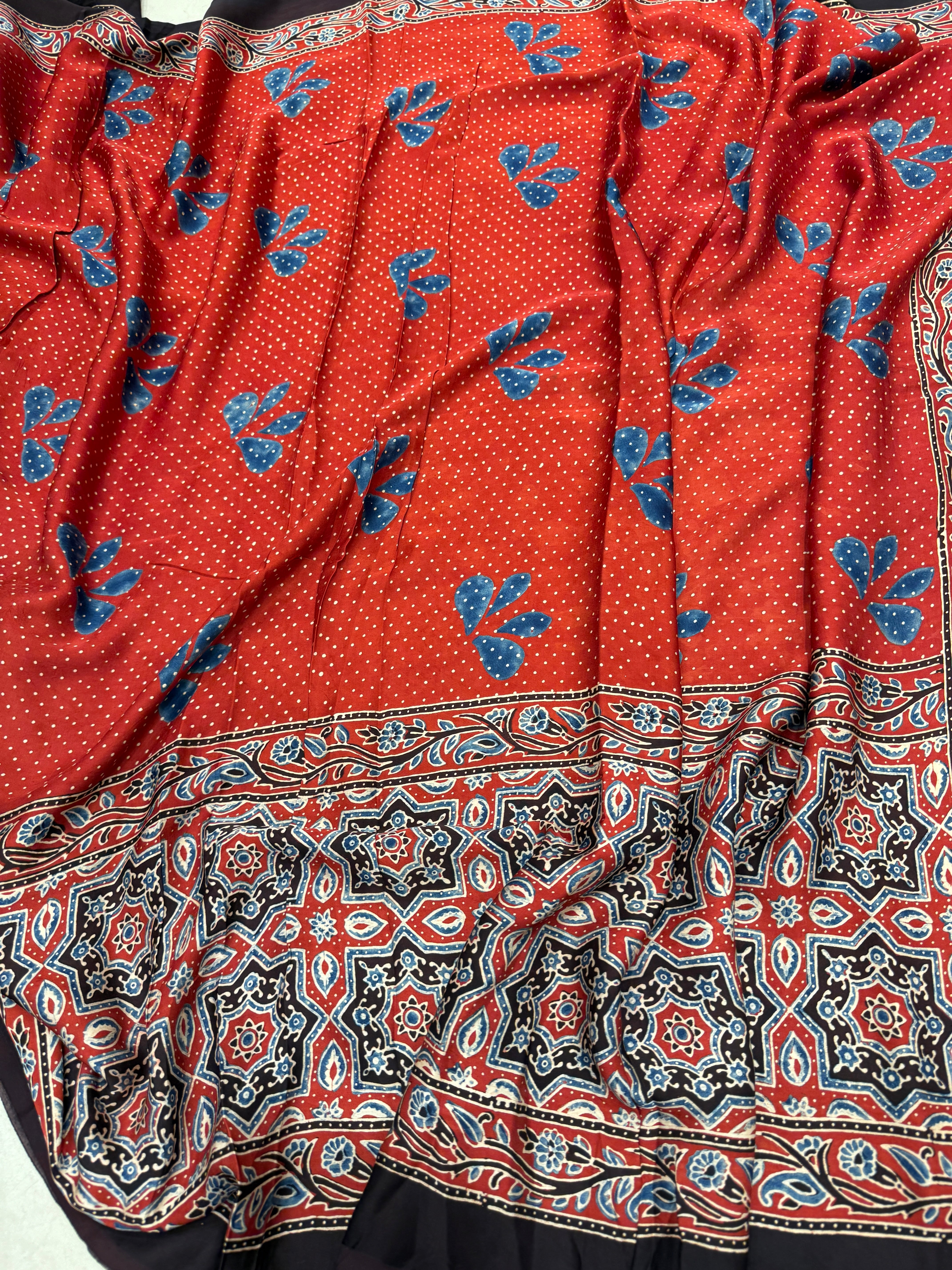 Red Makhi Butti Ajrakh Modal Gajji Silk Saree