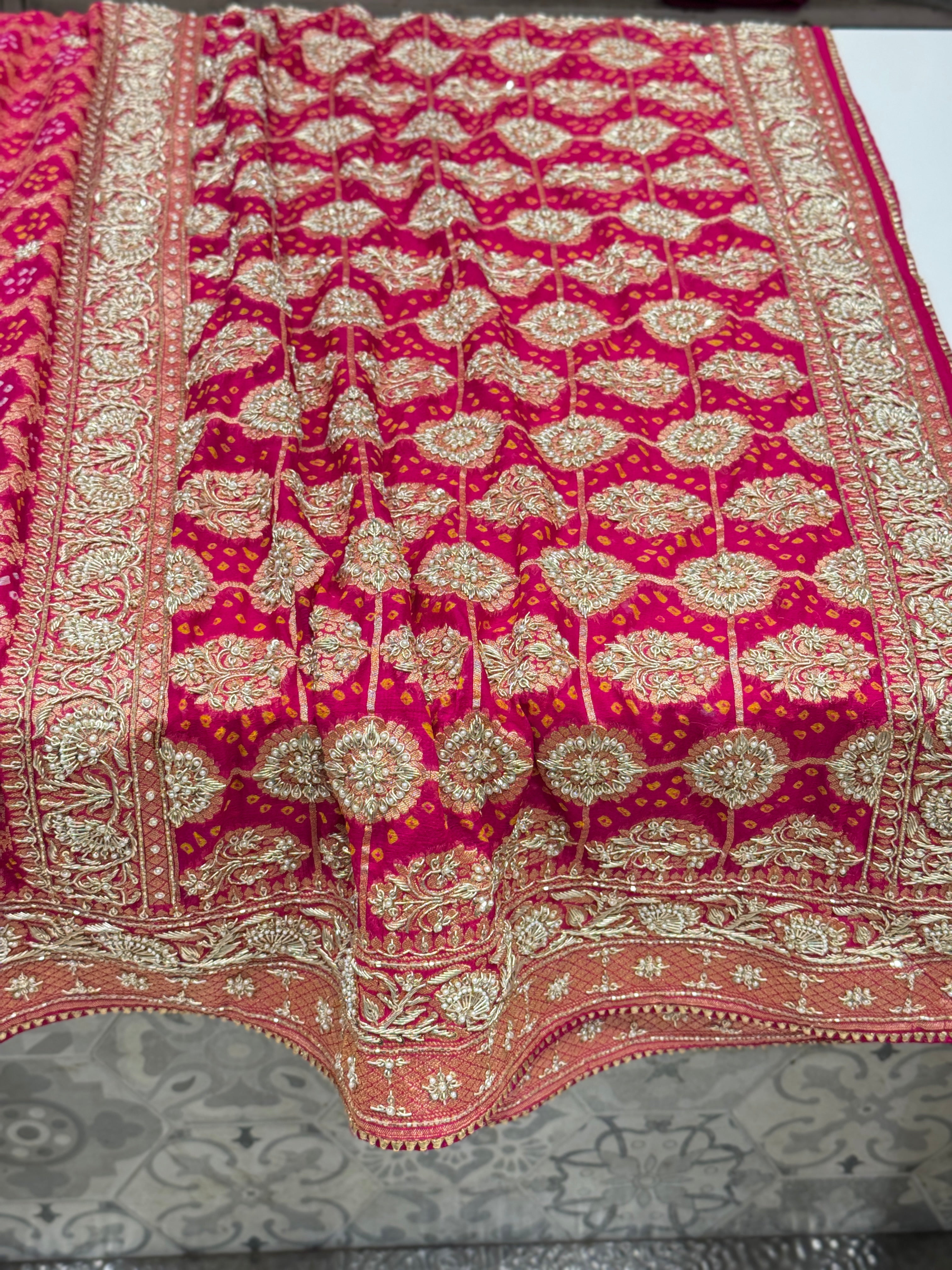 Rani Bandhej Zardosi Hand Embroidery Saree