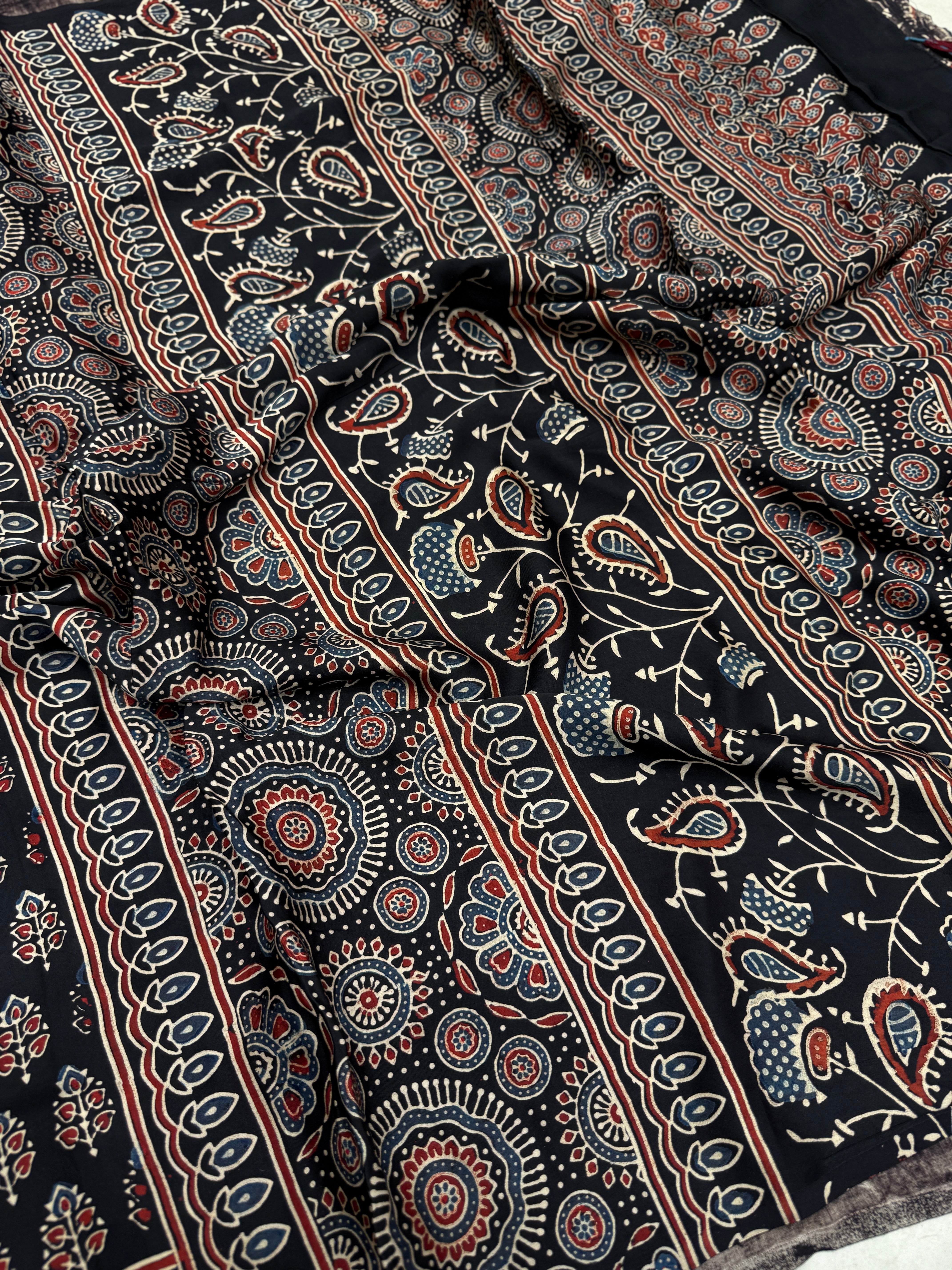 Black Keri Buttis Ajrakh Block Print Hand Pure Gajji Silk Saree