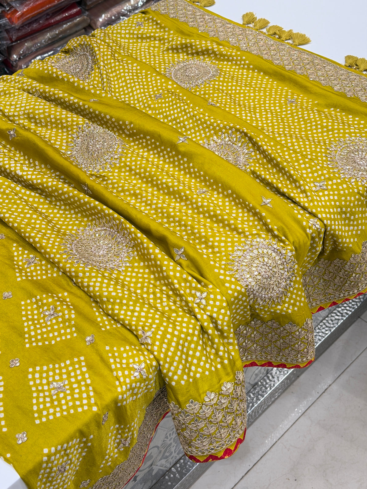 Lime Green Faabiiana Inspired Gajji Silk Rai Bandhej Gotapatti Marodi Hand Embroidery Saree