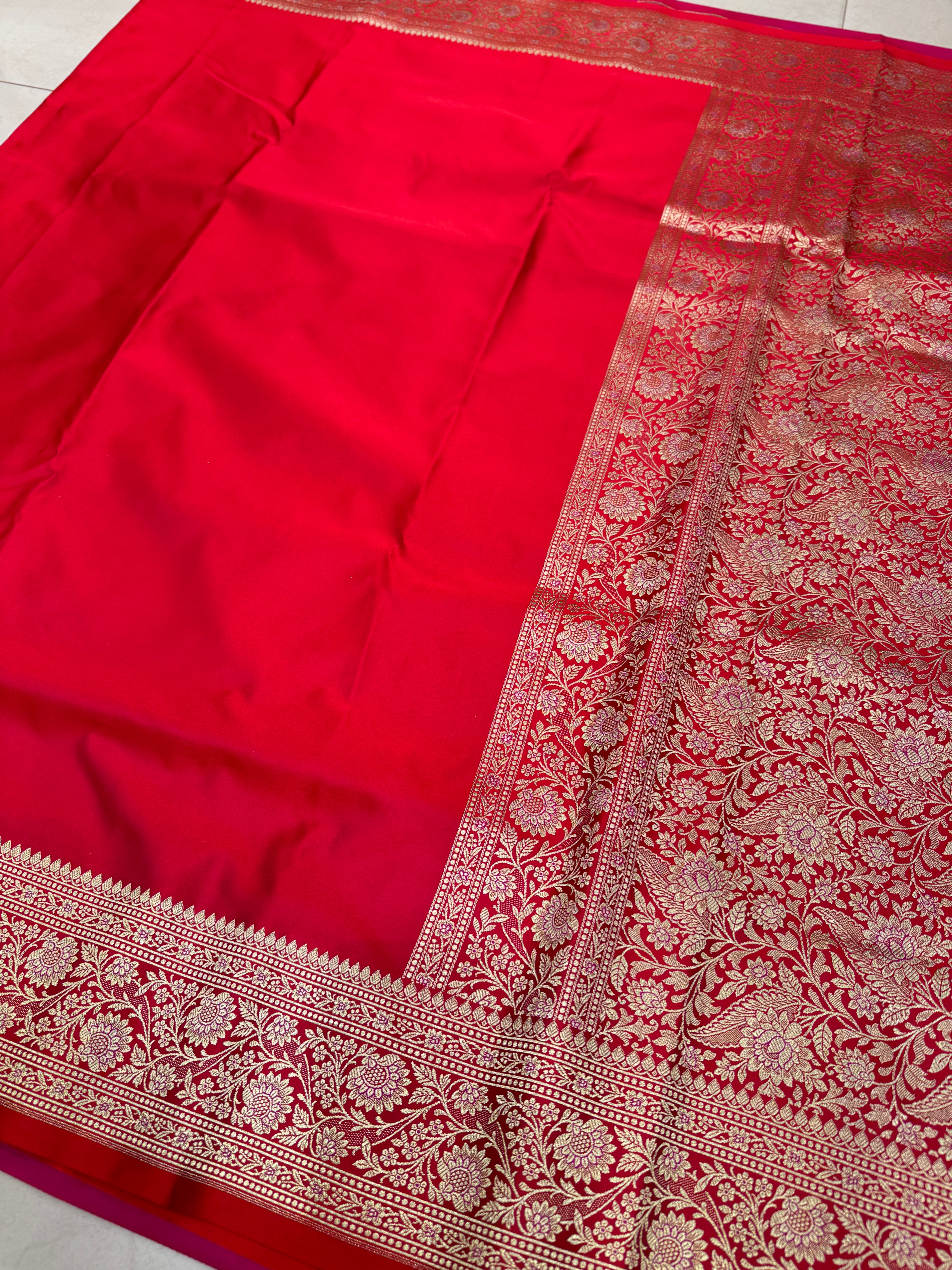 Red Banarasi Silk Plain Upside Down Border Saree