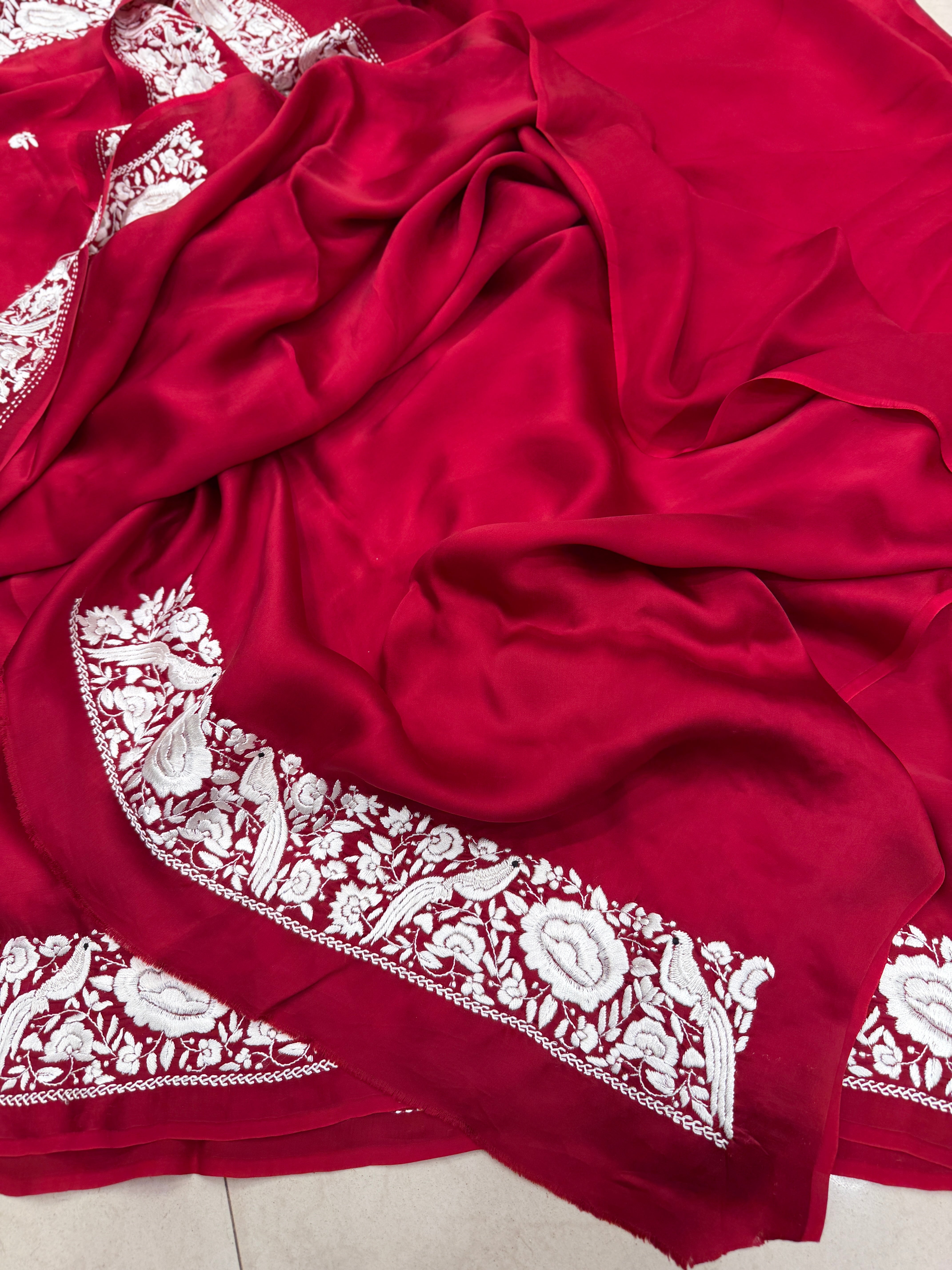 Red Parsi Gara Hand Embroidery Border Saree