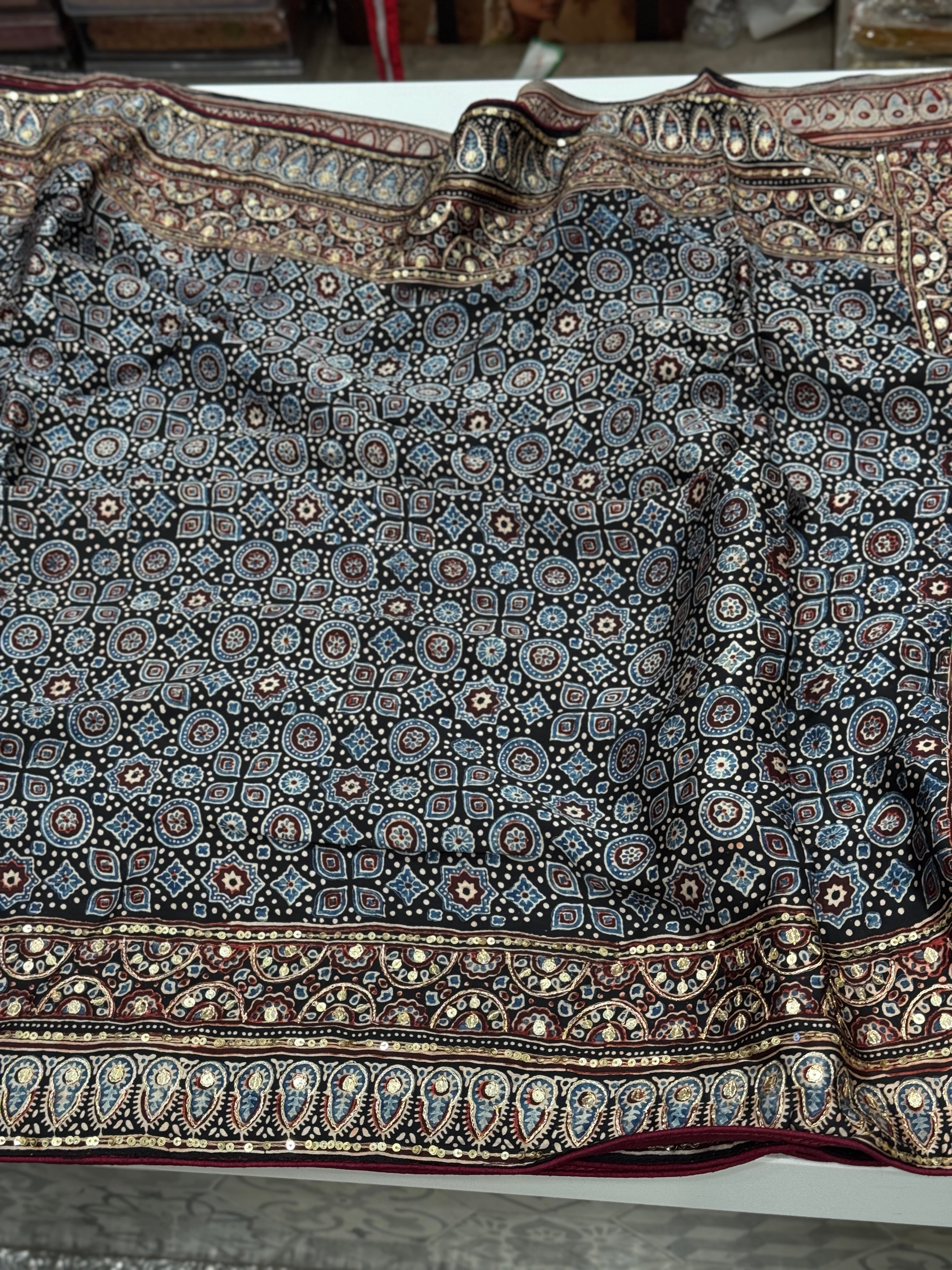 Blue Black Pita Zardosi Sequin Ajrakh Hand Embroidery Saree