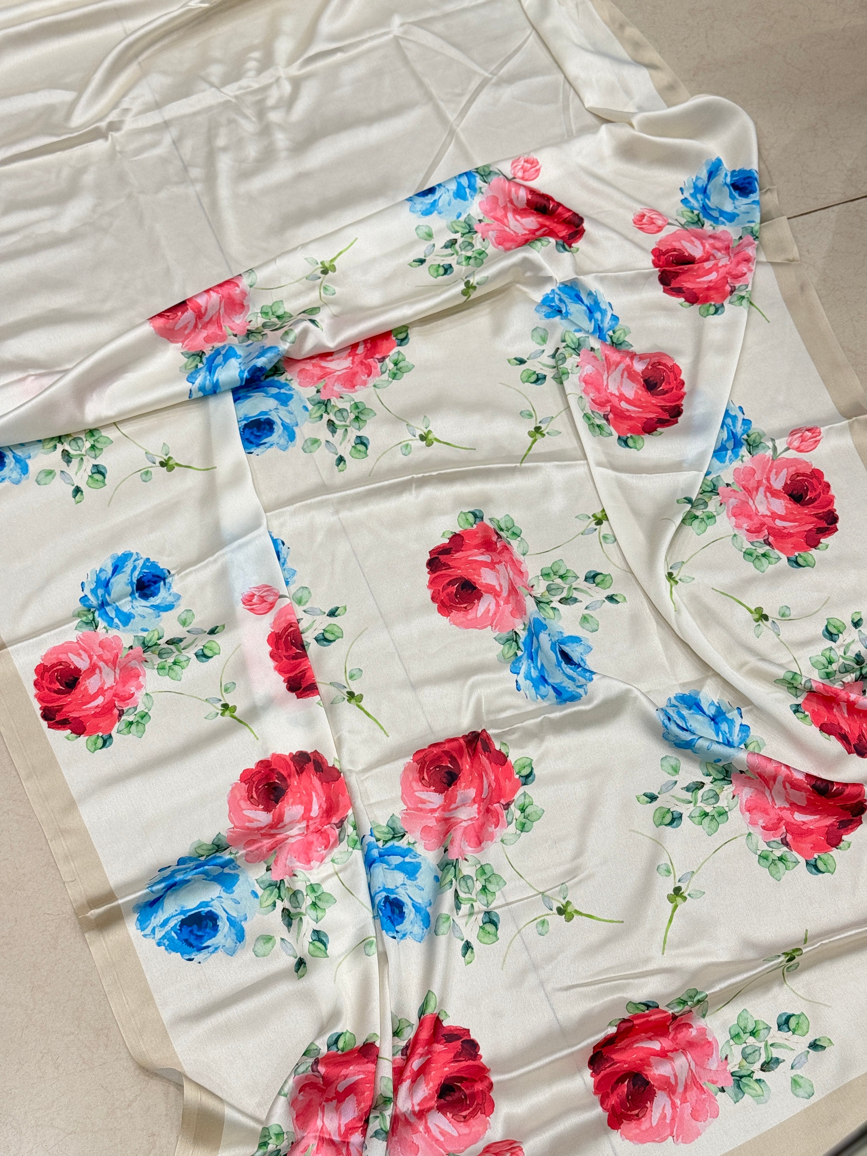 Moti White Floral Satin Printed Saree