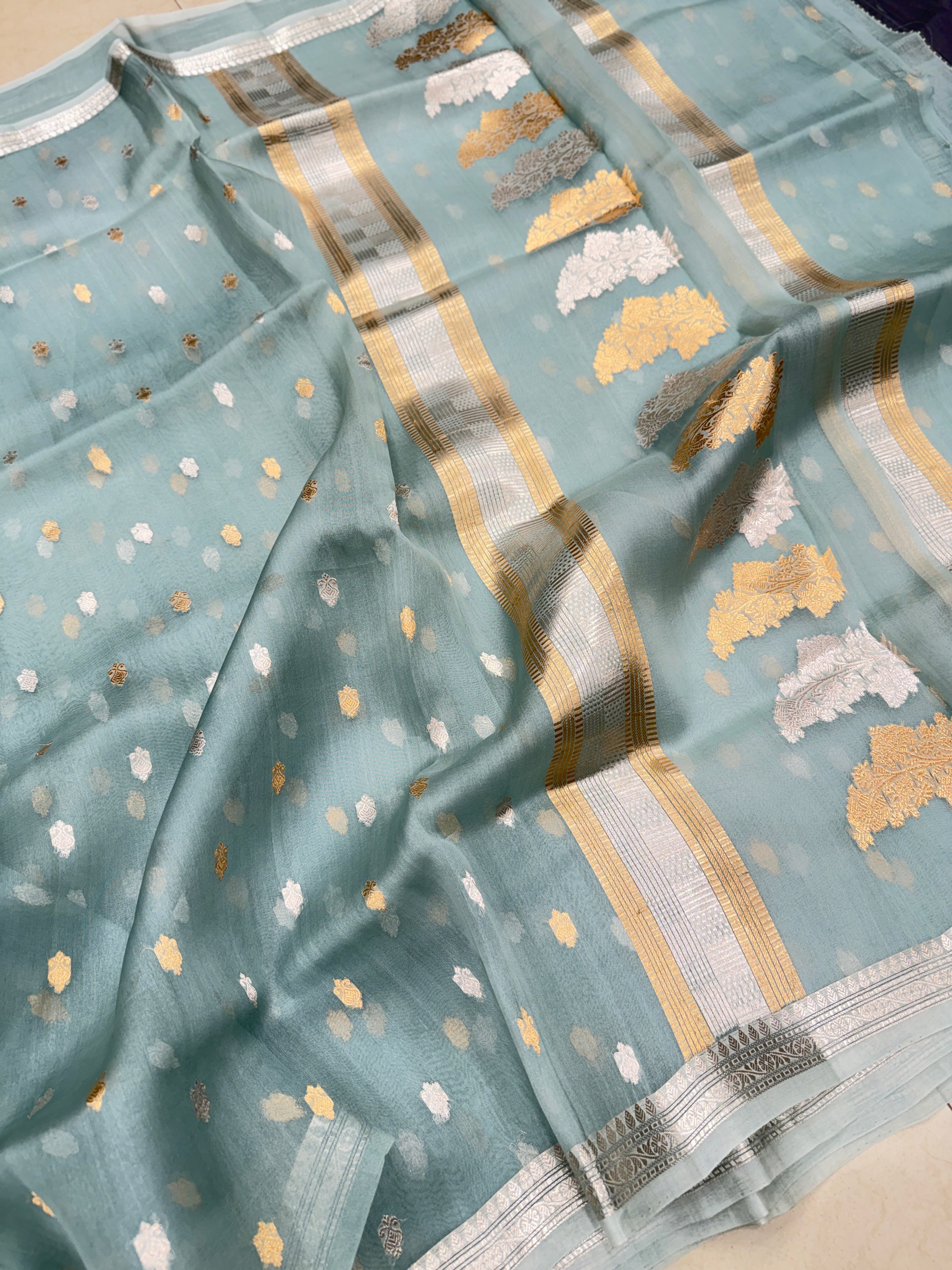 Pastel Sage Green Banarasi Sona Roopa Handloom Kora Silk Saree