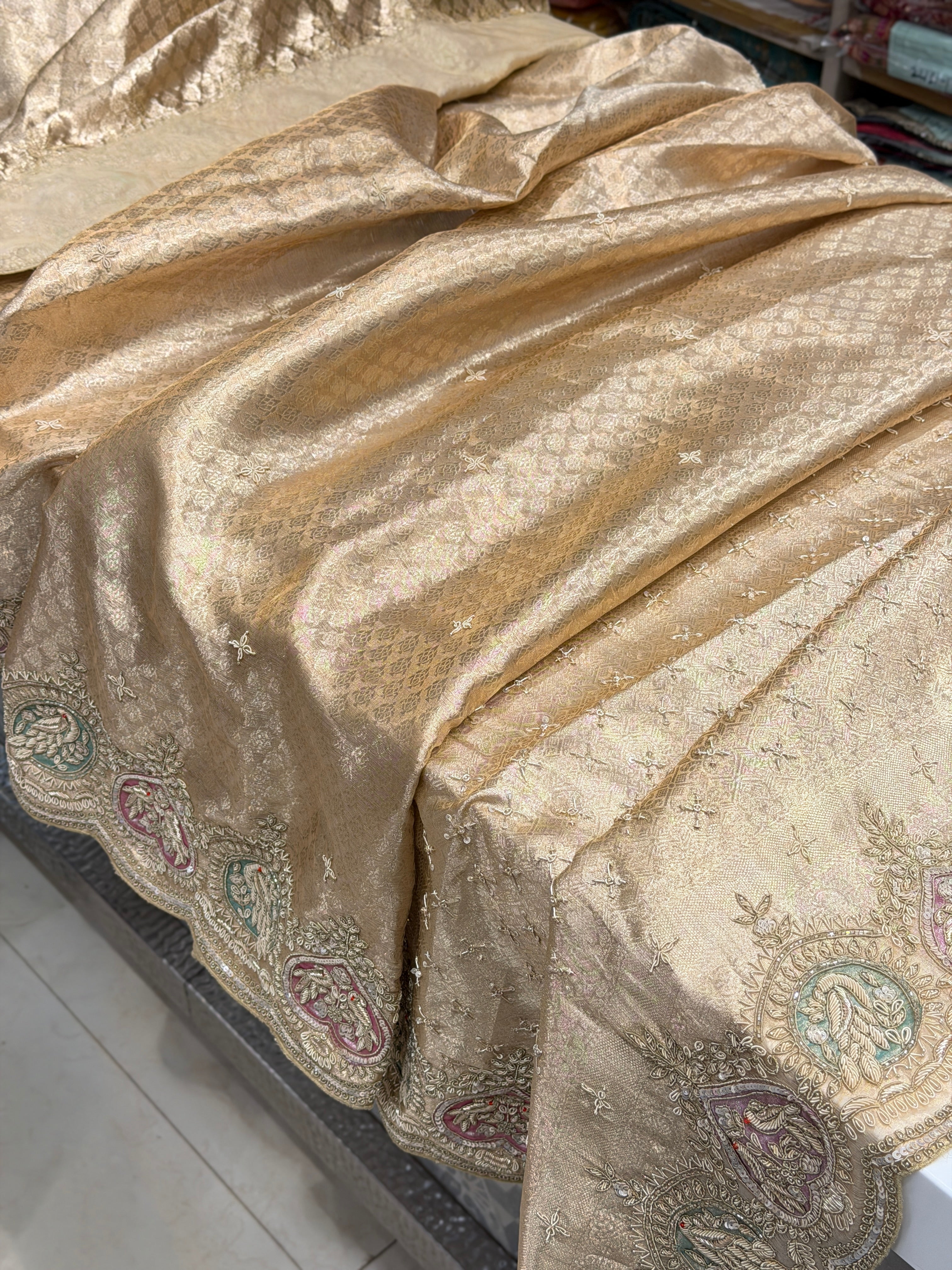 Golden Tissue Kanjivaram Zardosi Patch Work Hand Embroidery Saree
