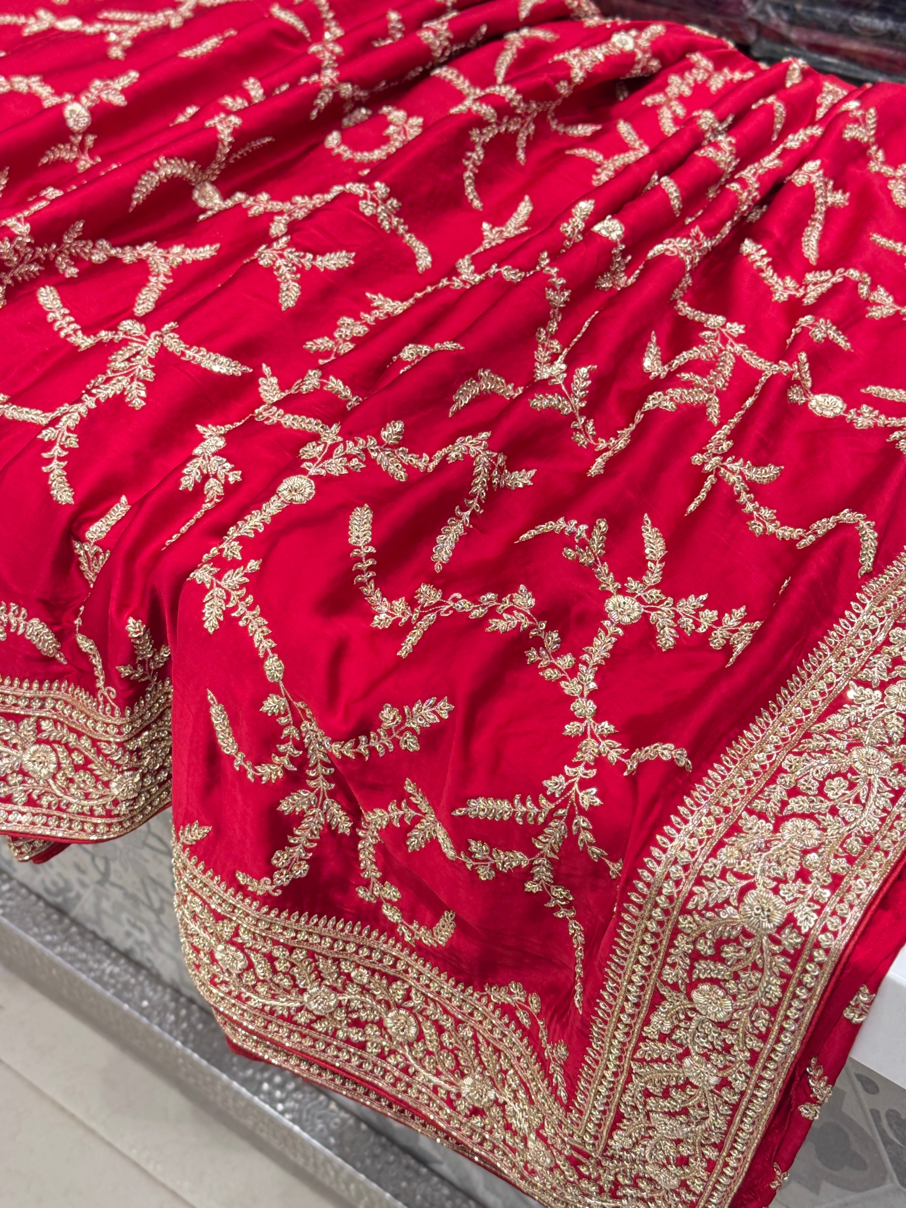 Red Hand Embroidery Jaal Pure Satin Zardosi Embroidery