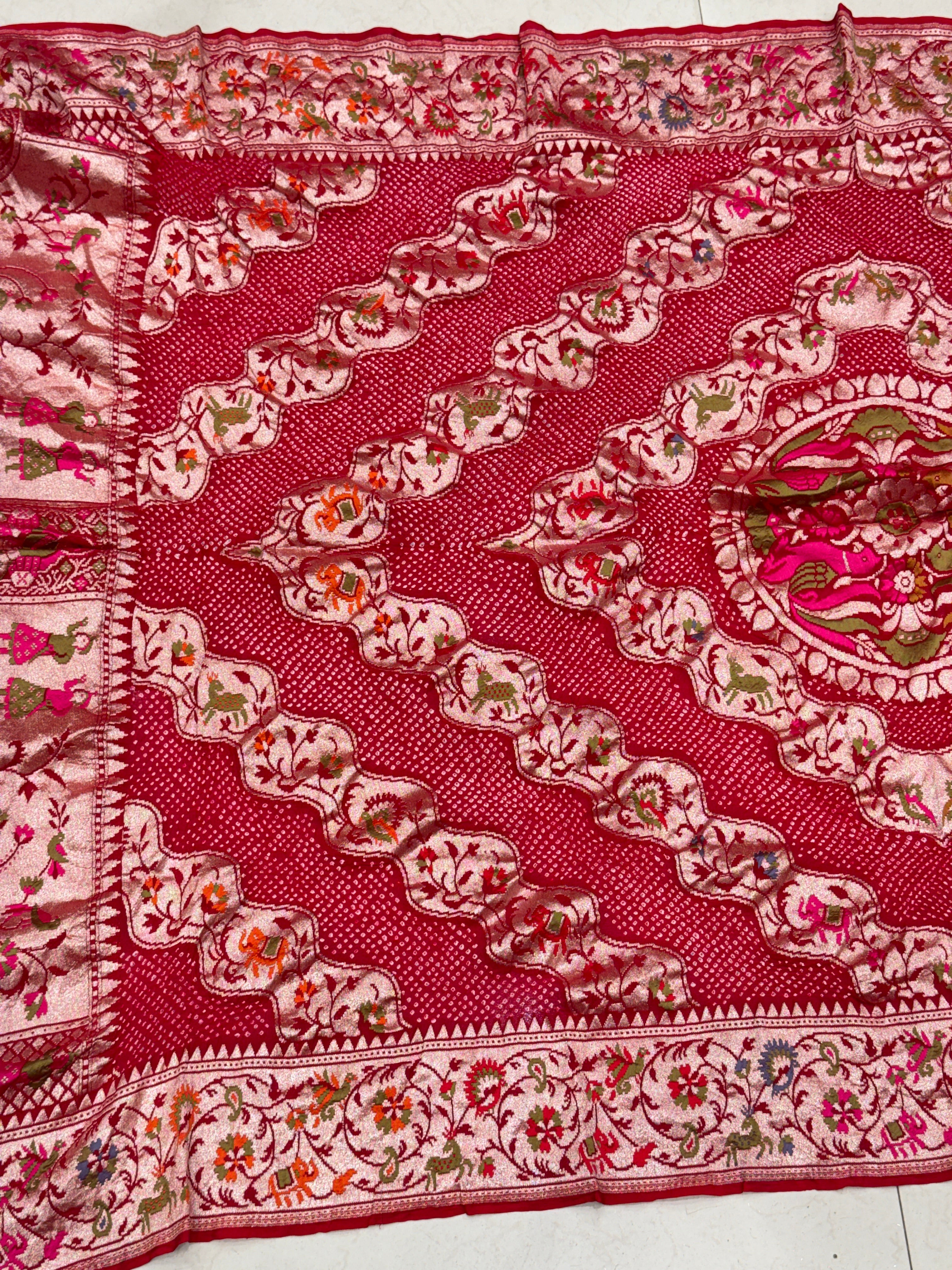 Red Leheriya Style Handloom Meenakari Rai Bandhej Pure Zari Dupatta