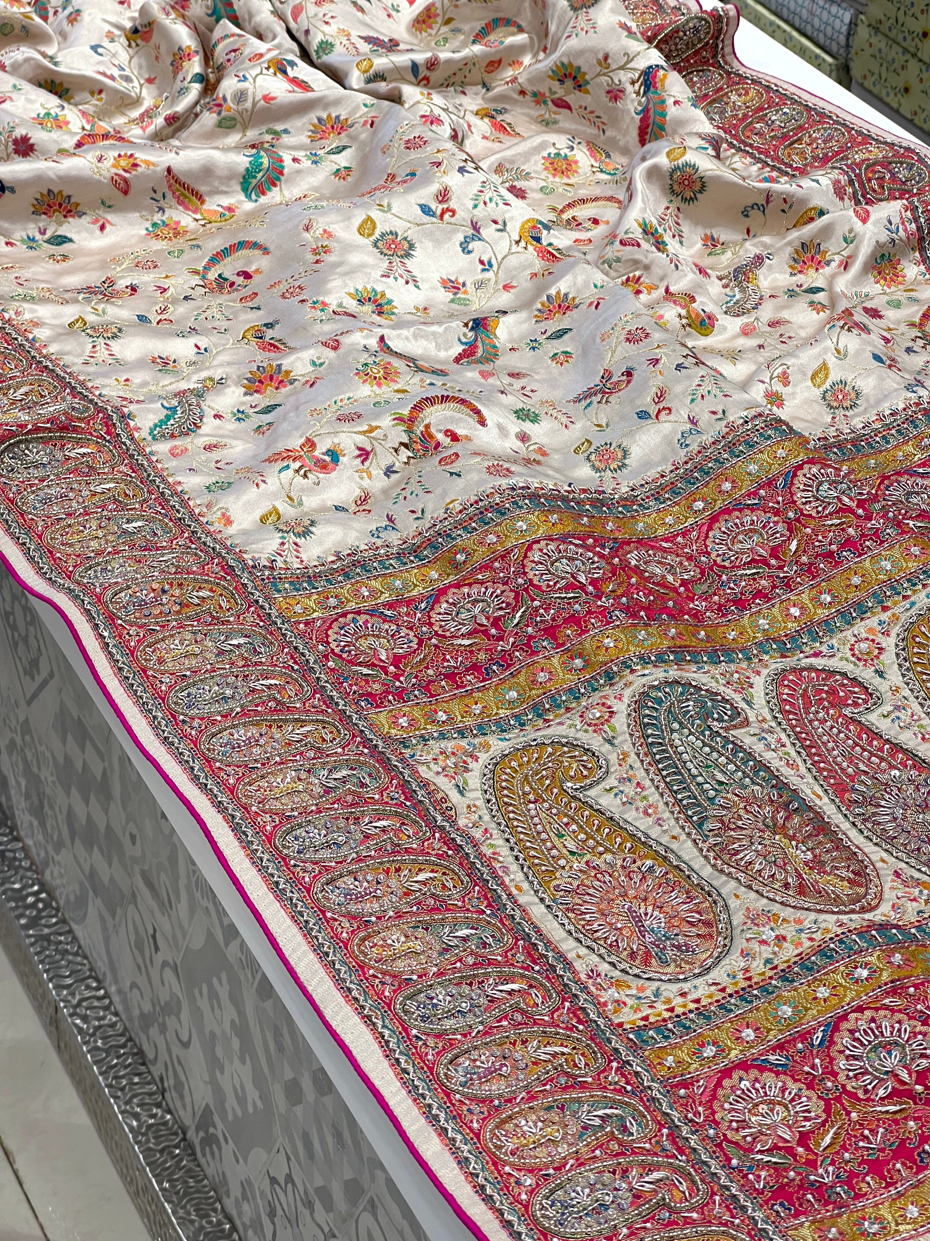 White Modal Satin Rangkat Peacock Hand Embroidery Saree