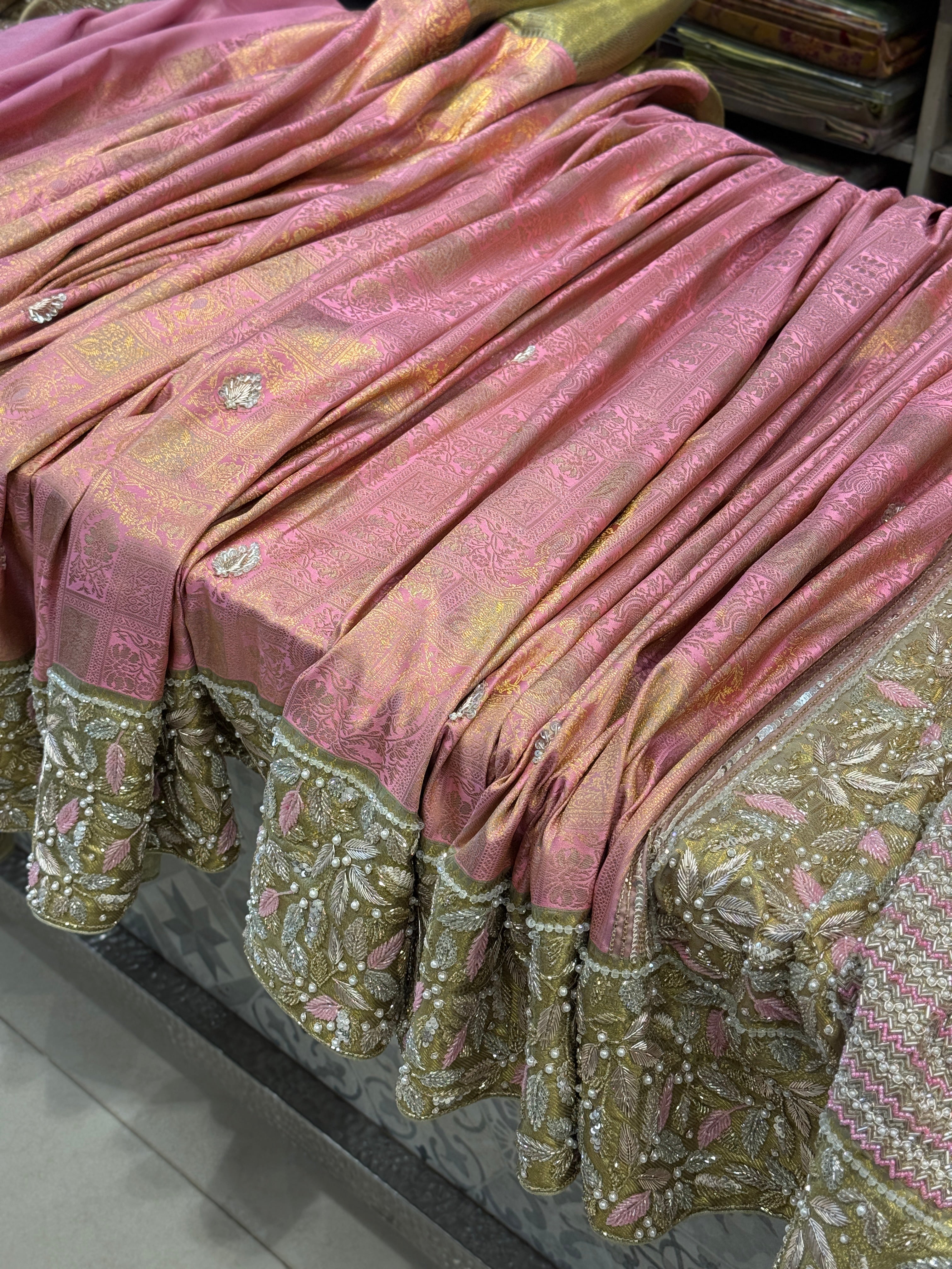 Pink Pure Kanjivaram Hand Embroidery Saree with Heavy Blouse