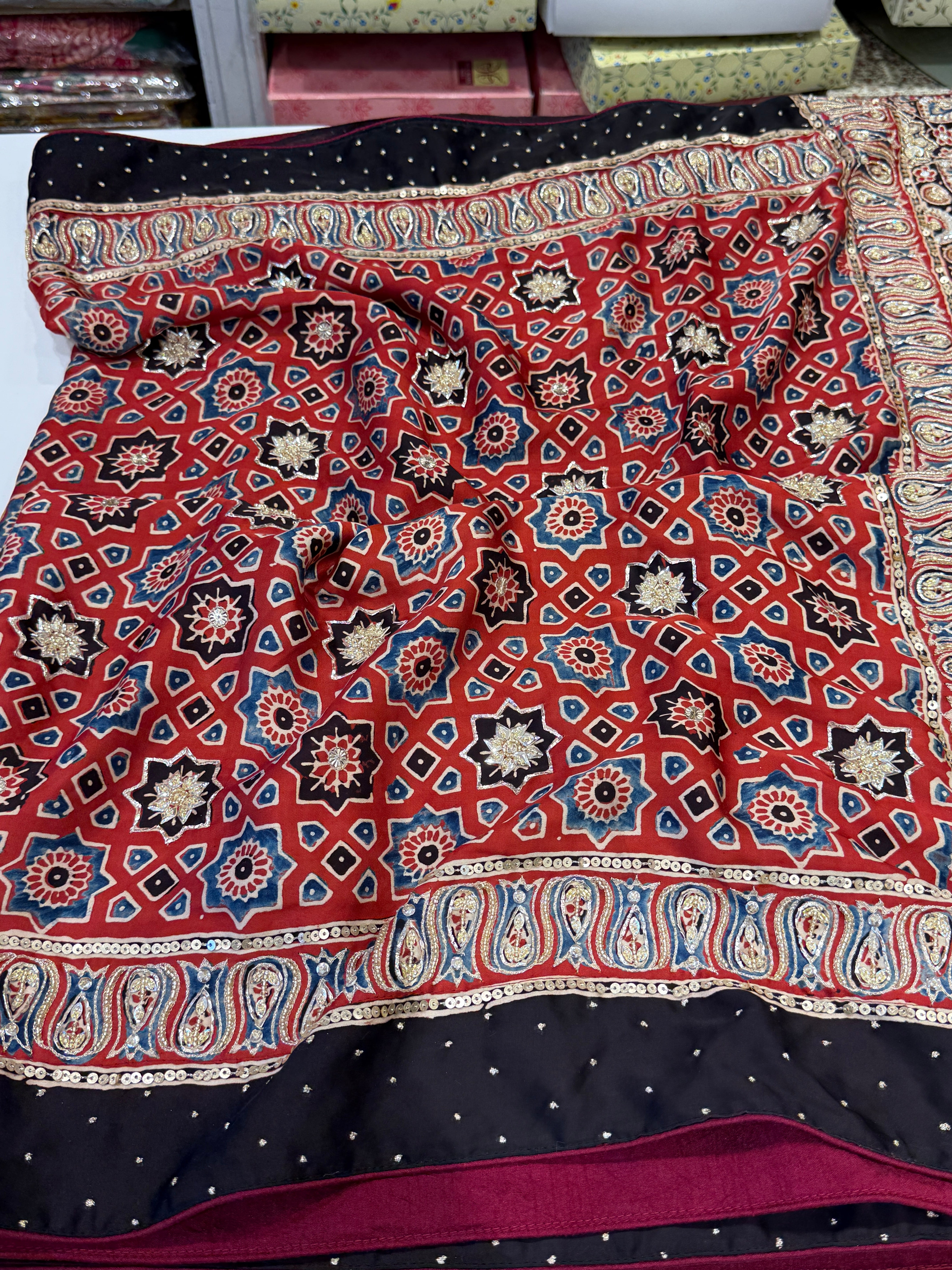 Crimson Hand Embroidery Ajrakh Modal Satin Saree
