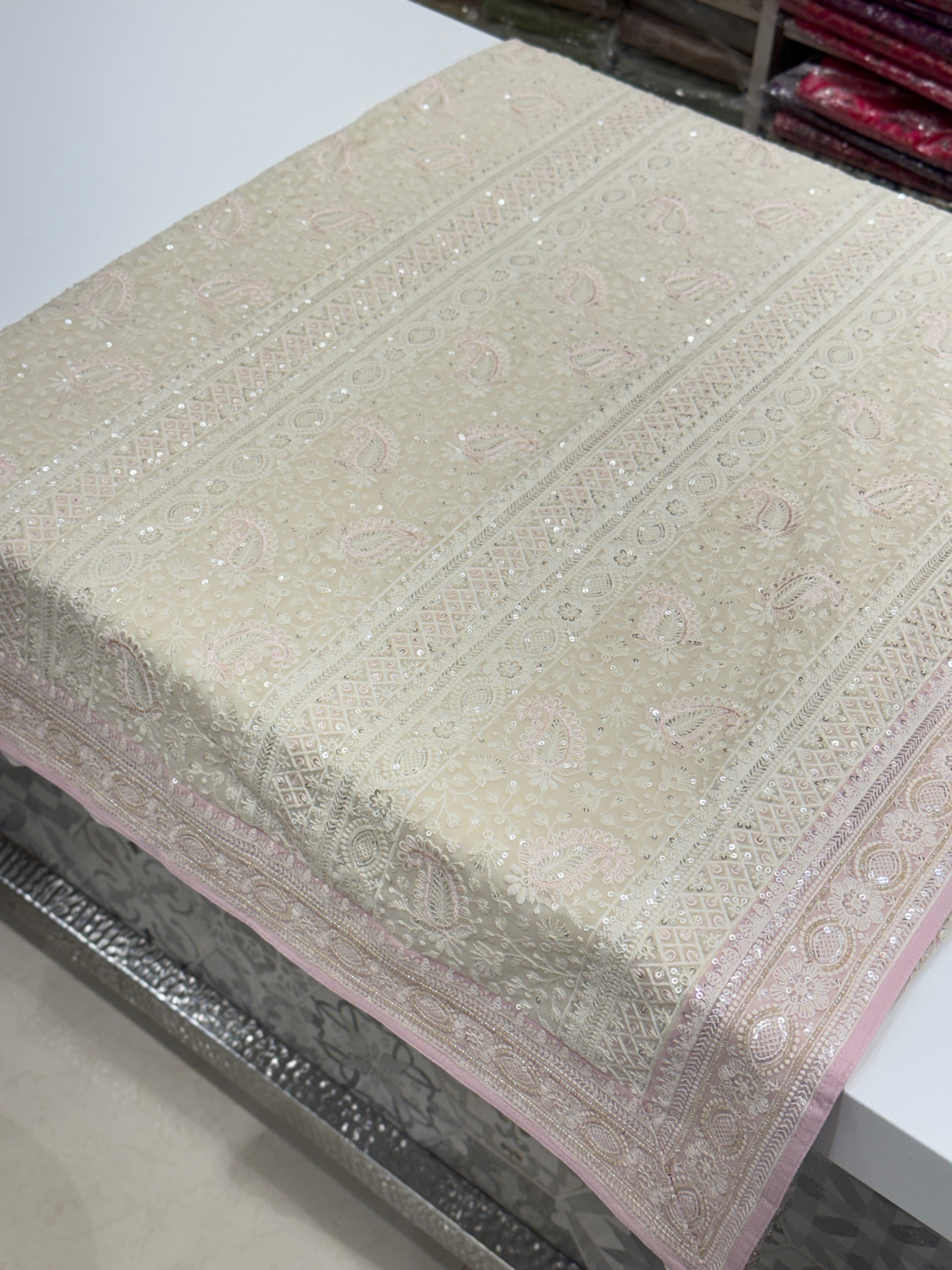 White Pink Chikankari Saree Floral Design with Moti Embroidery